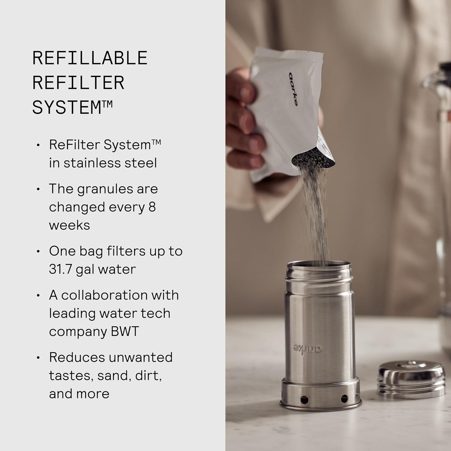 Aarke Purifier Regular Glass Pitcher Bundle w/Steel Filter, BPA-Free, 3 Enriched + 1 Pure Granules, 2.4L Pitcher with 1.18L Filtration Capacity - Image 3