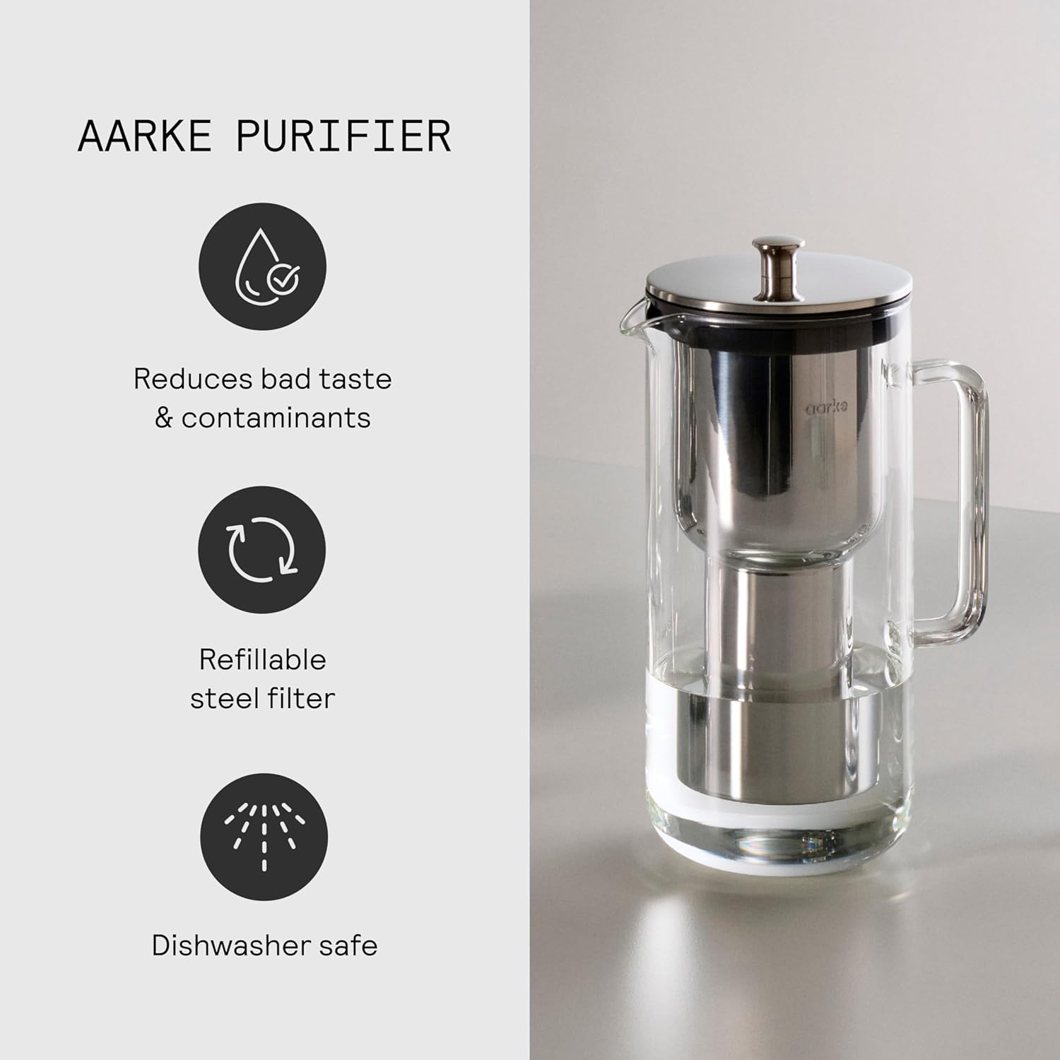 Aarke Purifier Regular Glass Pitcher Bundle w/Steel Filter, BPA-Free, 3 Enriched + 1 Pure Granules, 2.4L Pitcher with 1.18L Filtration Capacity - Image 5