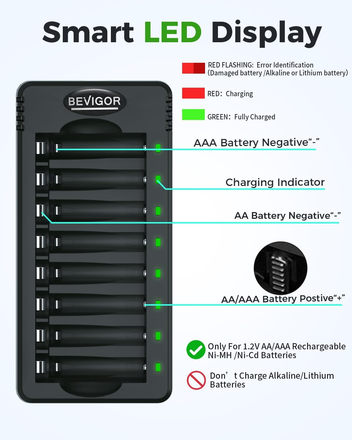 BEVIGOR 8-Bay AA AAA Battery Charger, USB Fast Charging with Independent Charging Slots, Smart Charger for Ni-MH Rechargeable Batteries, Adapter Not Included - Image 2