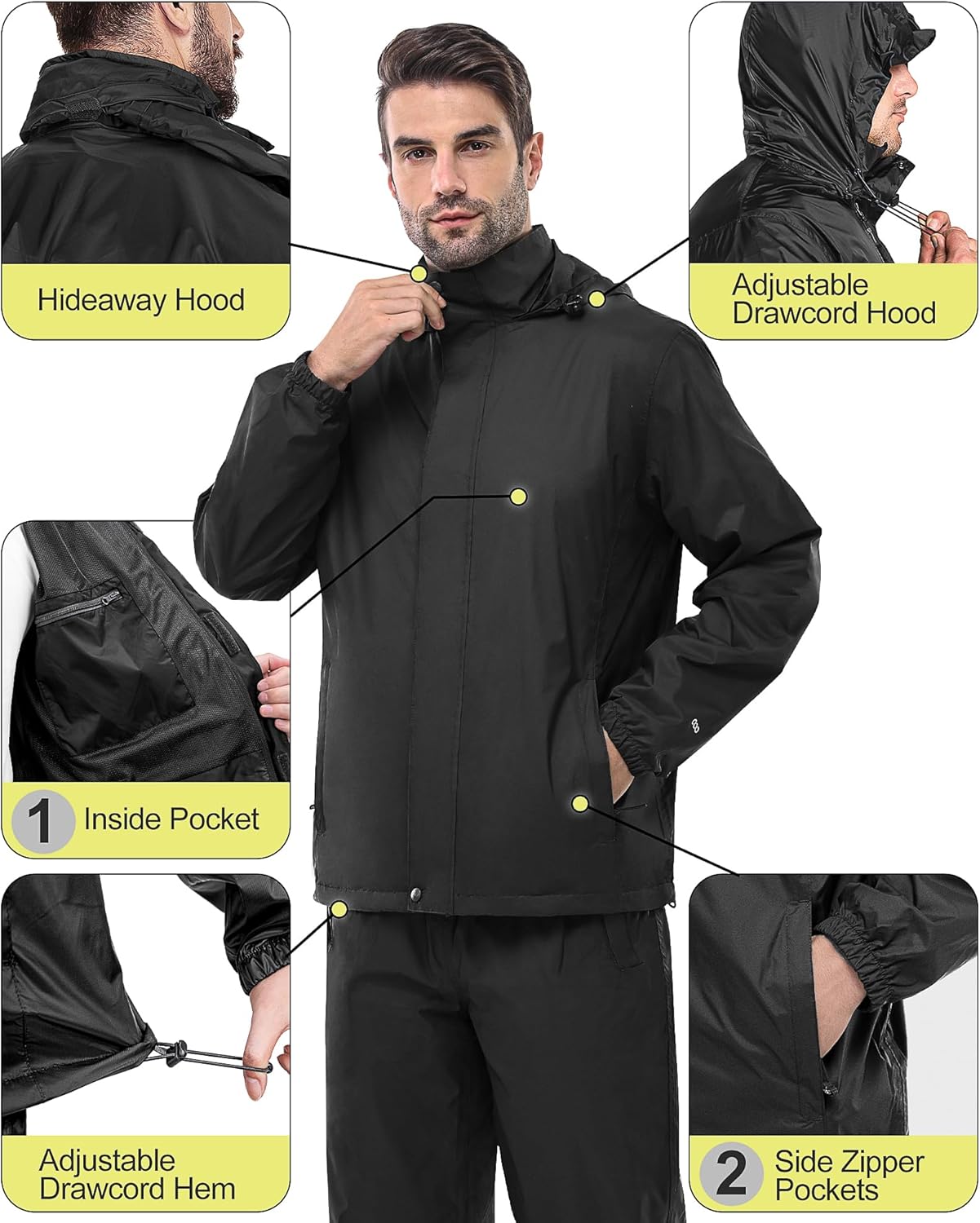 33,000ft Men's Rain Suit Packable Waterproof Lightweight Rain Gear for Golf Hiking Cycling 2 Pieces(Rain Jackets and Pants) - Image 3