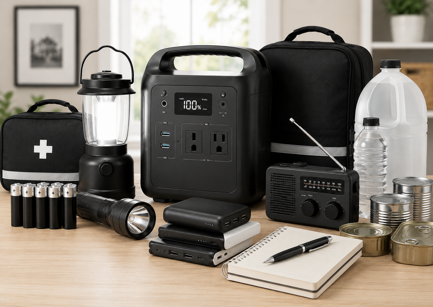 Home backup power station, emergency lighting, weather radio, and blackout preparedness supplies