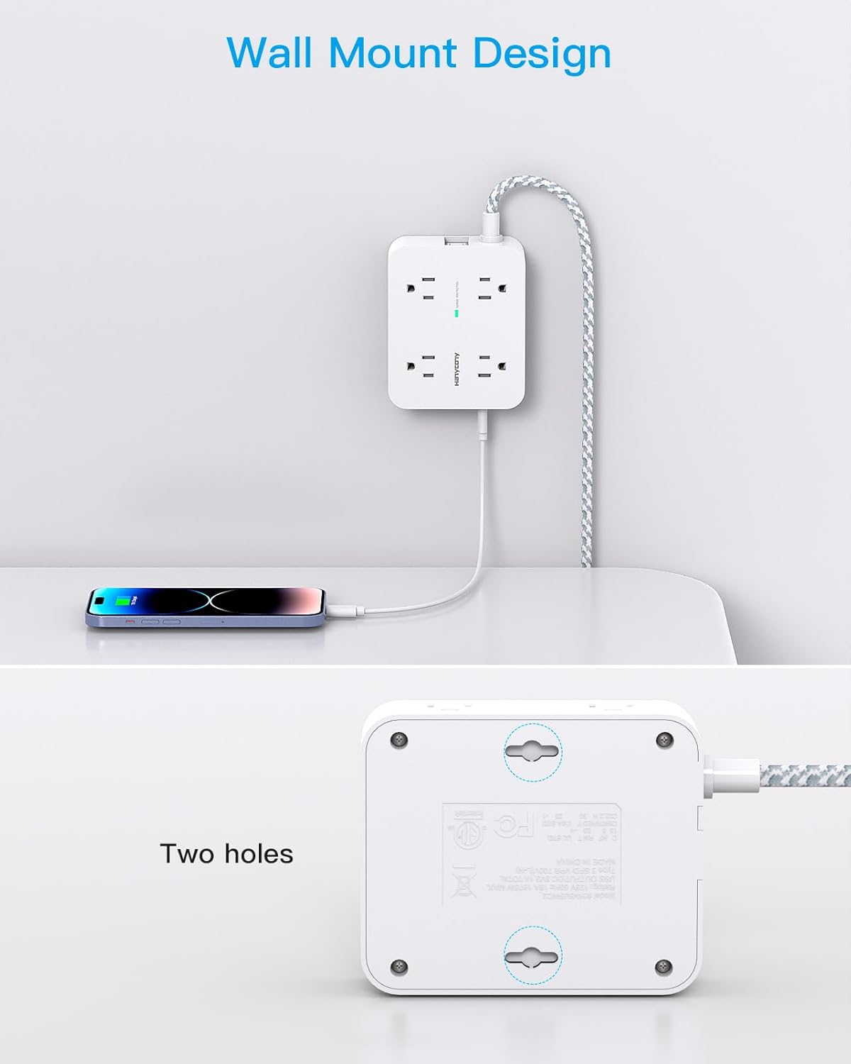 Surge Protector Power Strip - HANYCONY 8 Outlets 4 USB (2 USB C) Charging Ports, Multi Plug Outlet Extender, 5Ft Braided Extension Cord, Flat Plug Wall Mount Desk Charging Station for Home Office ETL - Image 6