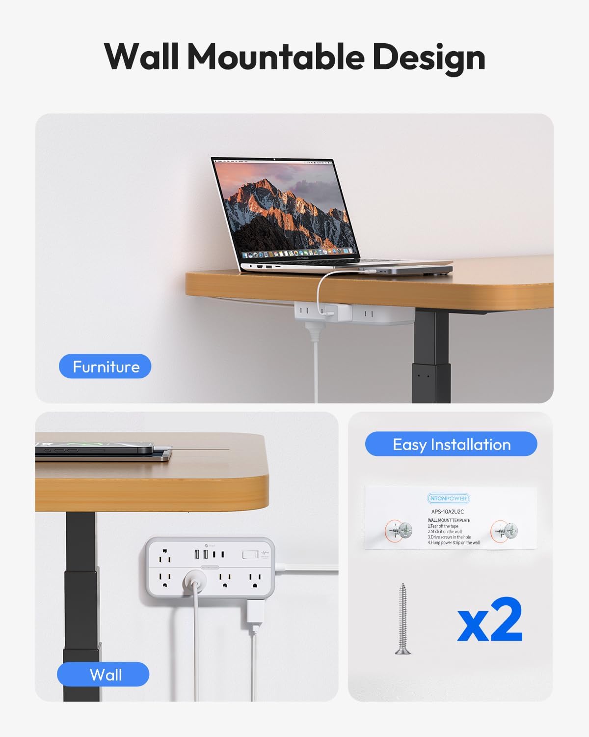 Flat Extension Cord 25 FT, NTONPOWER Long Power Strip, 10 Outlets 4 USB Ports (2 USB C), 3 Side 3 Prong & 2 Prong, Overload Protection, Flat Plug Wall Mount, White, SurgePro - Image 6