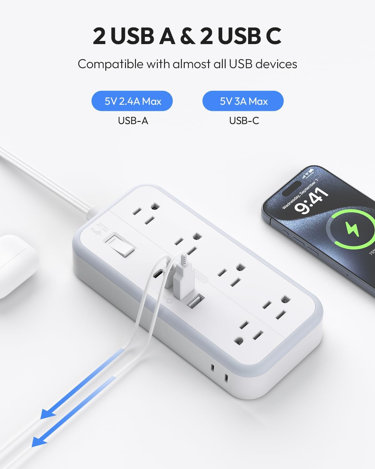 Flat Extension Cord 25 FT, NTONPOWER Long Power Strip, 10 Outlets 4 USB Ports (2 USB C), 3 Side 3 Prong & 2 Prong, Overload Protection, Flat Plug Wall Mount, White, SurgePro - Image 5
