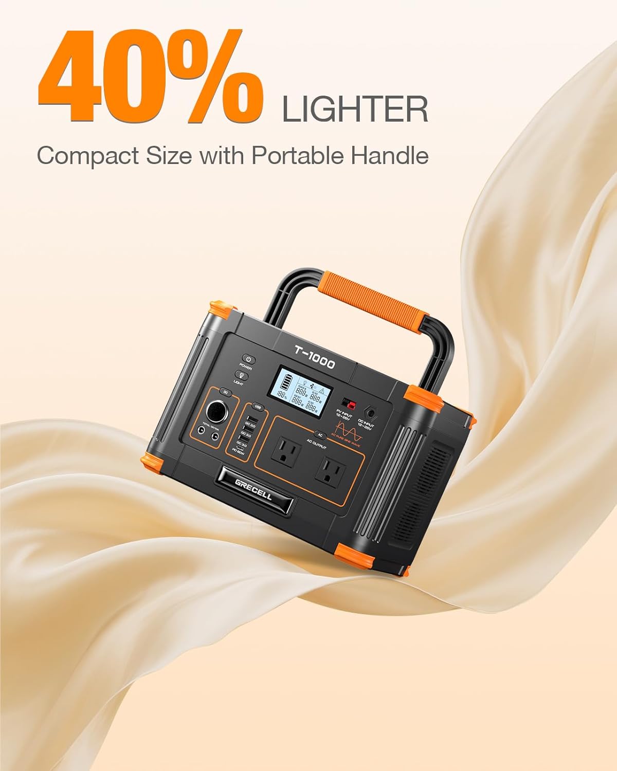 GRECELL 999Wh Solar Generator 1000W, Portable Power Station with 60W USB-C PD Output, 120V Pure Sine Wave AC Outlet Backup Lithium Battery for Outdoors Camping Travel Hunting Home (Peak 2000W) - Image 2
