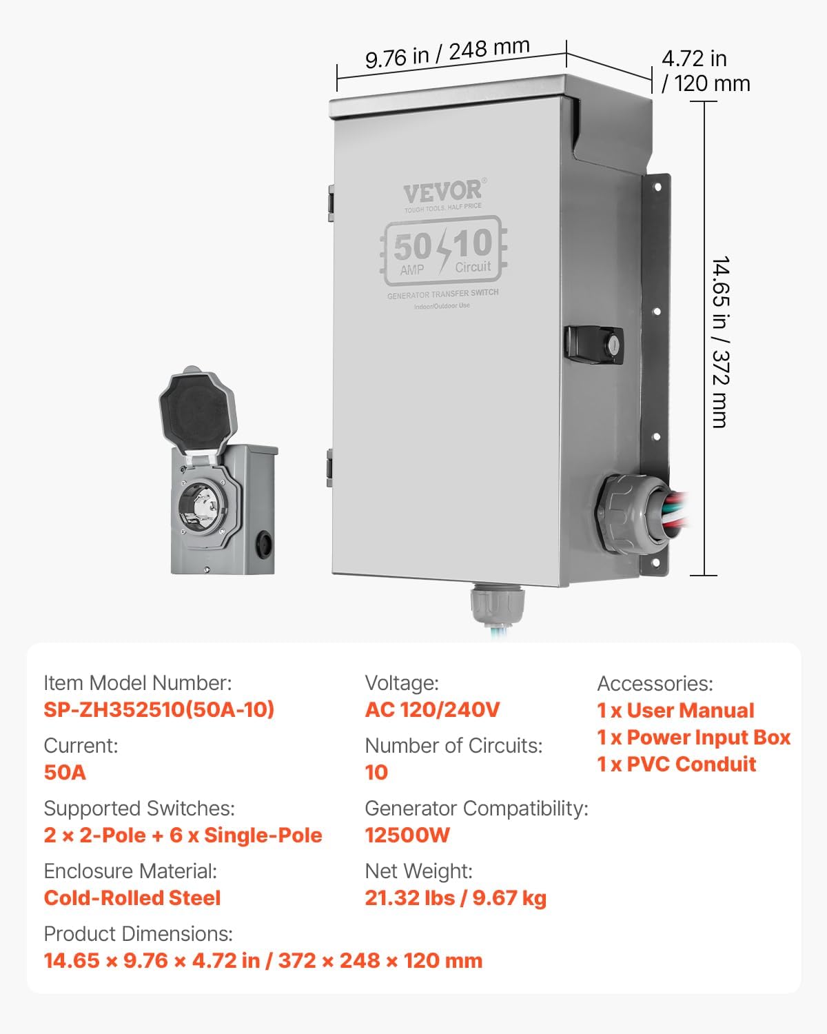 VEVOR Manual Transfer, 50-Amp 10-Circuit, Prewired Generator Transfer Kit with CS6375 Plug Power Inlet Box, Double-Throw, NEMA 3R, Mechanical Watt Meter, for 12500W Generators - Image 7