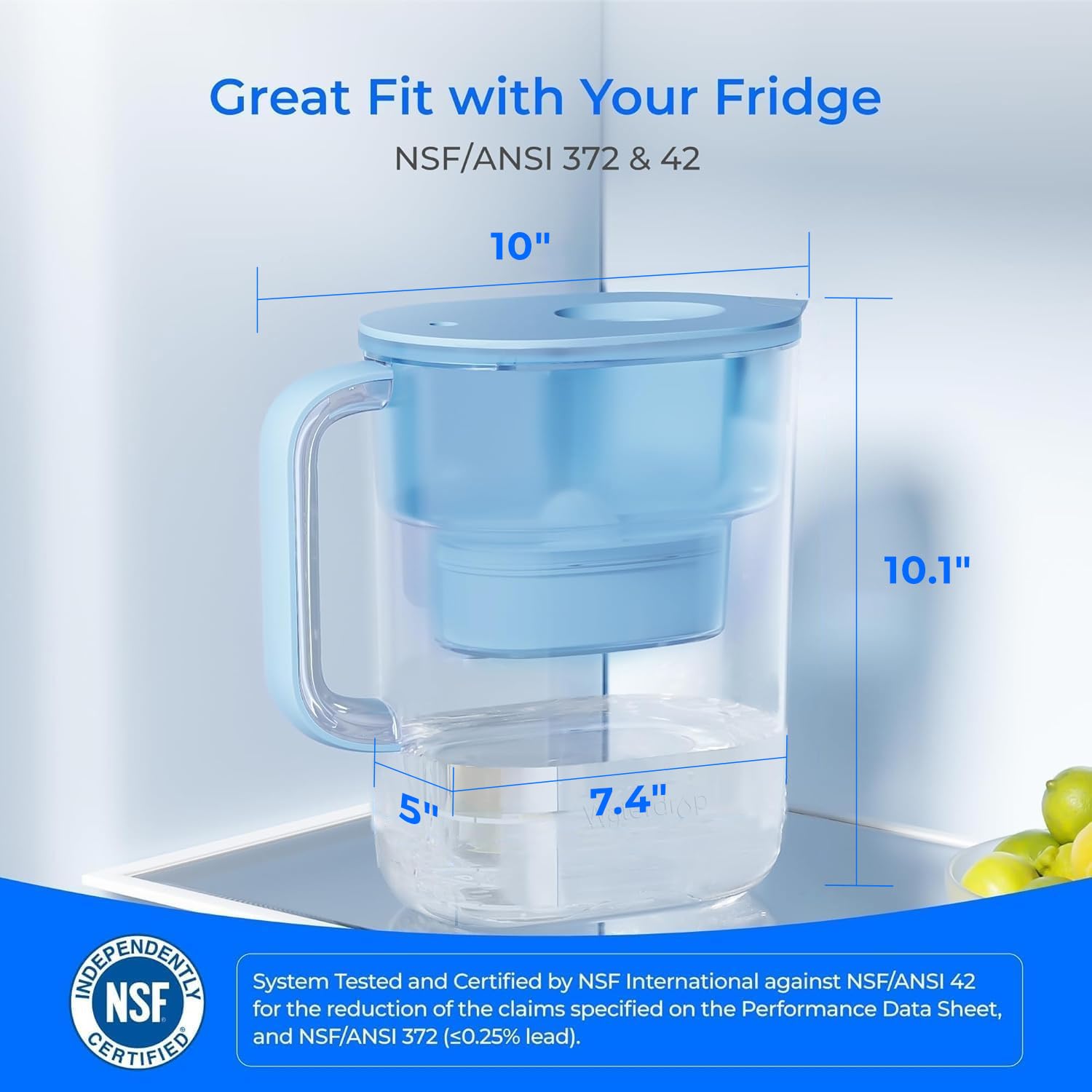 Waterdrop PT-07B Water Filter Pitcher, 10-Cup, NSF Certified, 200-Gallon Long-Life Filter, Improves Coffee & Tea Taste, Reduces PFOA/PFOS and Chlorine, 5X Longer Filter Life, Blue - Image 5