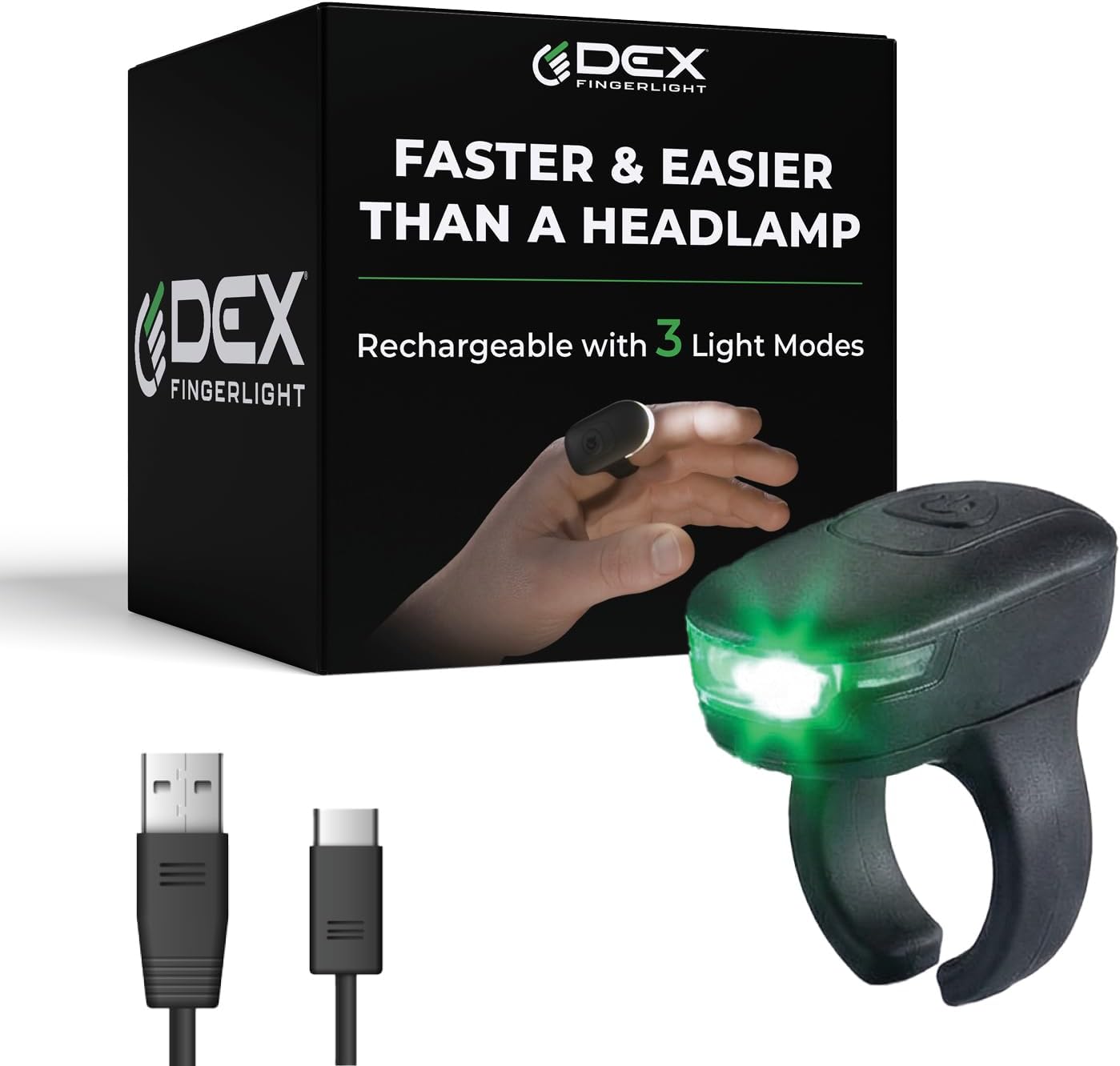 High Tech Wearable LED Flashlight by DEX FingerLight - Rechargeable Fingerlight - 3 Light Modes - IPX7 Weather Resistant - USB-C Charging - Custom Fit Ring - Long Lasting Battery - Black
