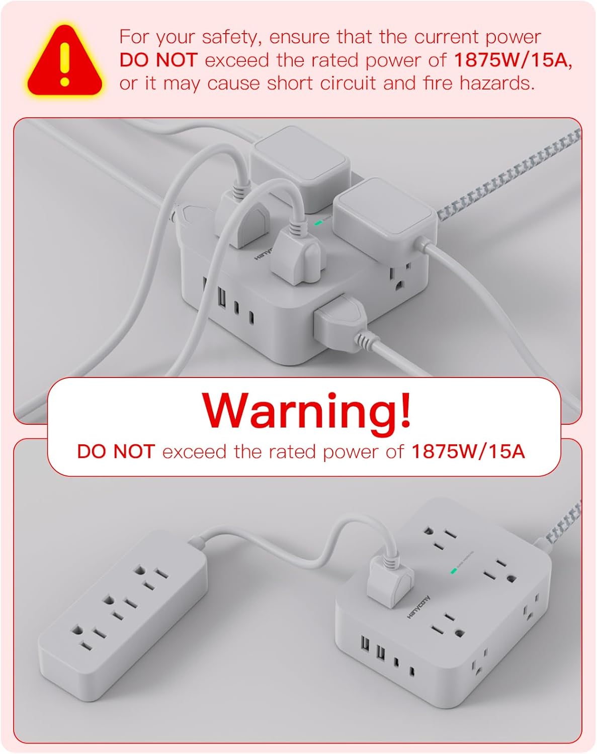Surge Protector Power Strip - HANYCONY 8 Outlets 4 USB (2 USB C) Charging Ports, Multi Plug Outlet Extender, 5Ft Braided Extension Cord, Flat Plug Wall Mount Desk Charging Station for Home Office ETL - Image 8