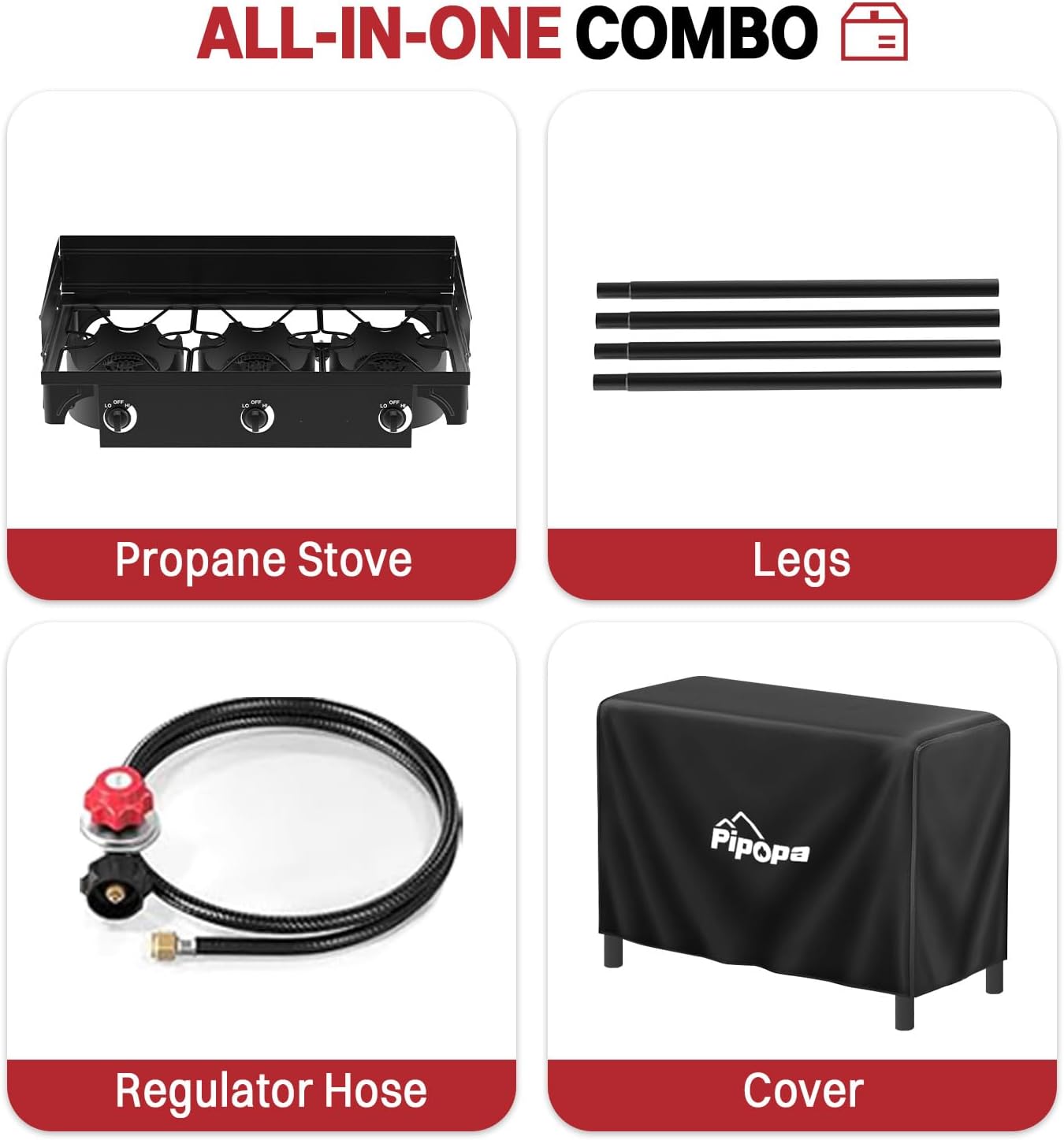 3 Burner Propane Camp Stove | High Pressure 225,000 BTU Gas Burners with Windscreen | Cover | Detachable Legs | 0-20 PSI Regulator | Ideal for Camping Backyard Outdoor Cooking - Image 6