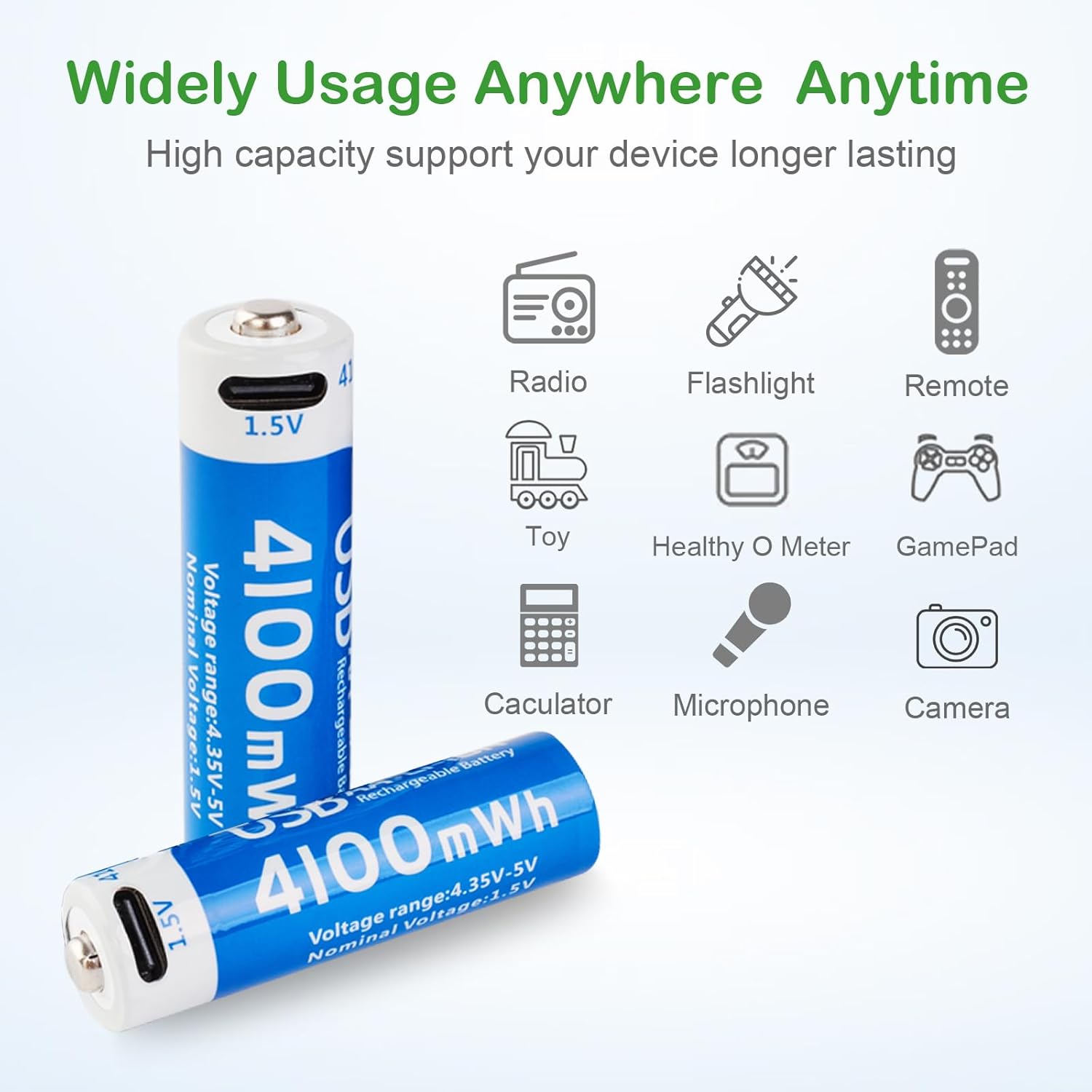4100mWh Rechargeable Lithium AA Batteries 4 Pack, 1.5V USB Double A Lithium-ion Batteries AA Size, Long Lasting 1200 Cycles, High Capacity Battery for Toys, Flashlight, Smart Door Lock - Image 7