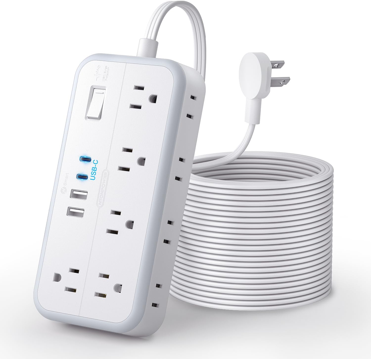 Flat Extension Cord 25 FT, NTONPOWER Long Power Strip, 10 Outlets 4 USB Ports (2 USB C), 3 Side 3 Prong & 2 Prong, Overload Protection, Flat Plug Wall Mount, White, SurgePro
