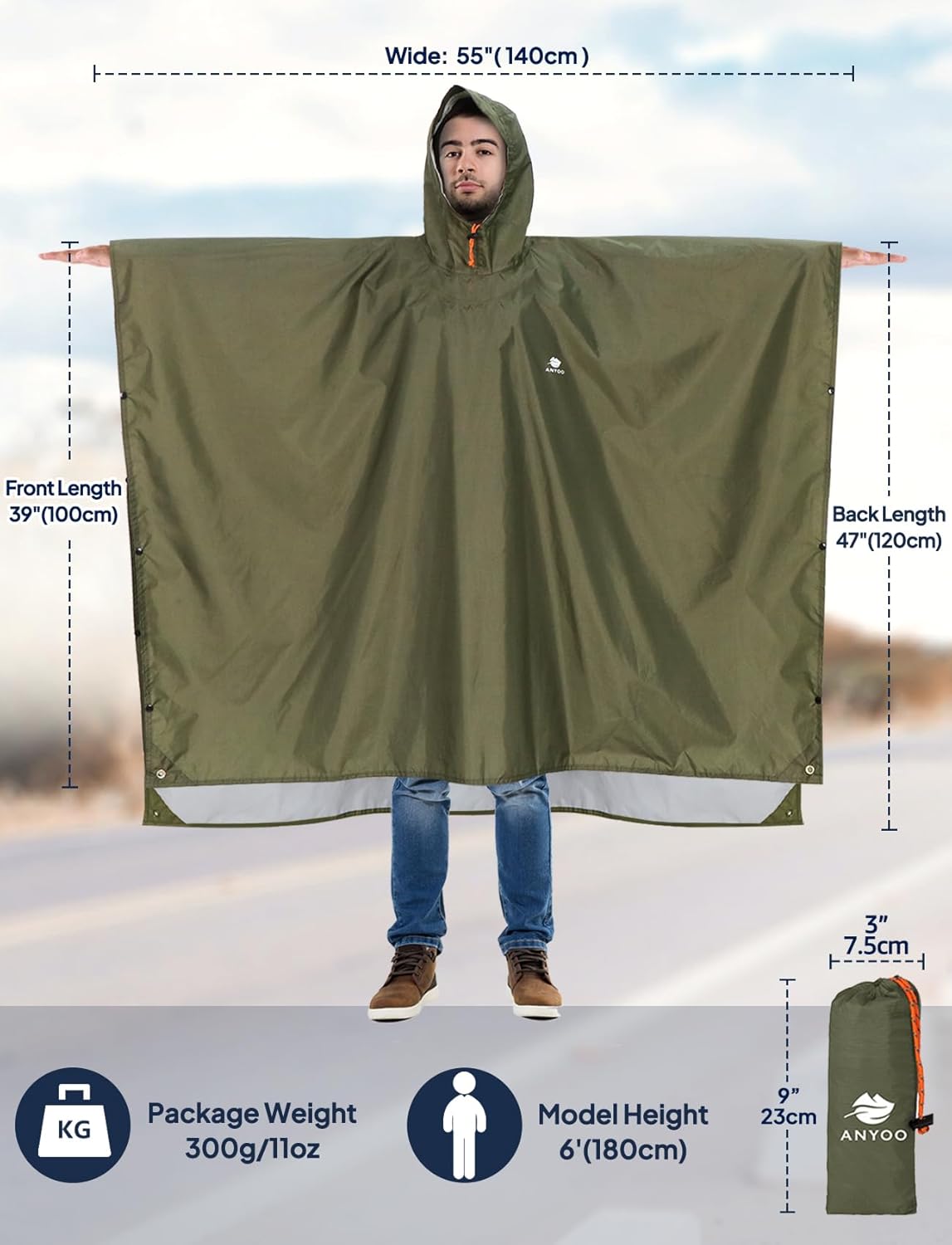 ANYOO Hooded Rain Poncho for Adults Waterproof Lightweight Rain Coat for Men Women Reusable Rain Jacket for Emergency Outdoor - Image 2