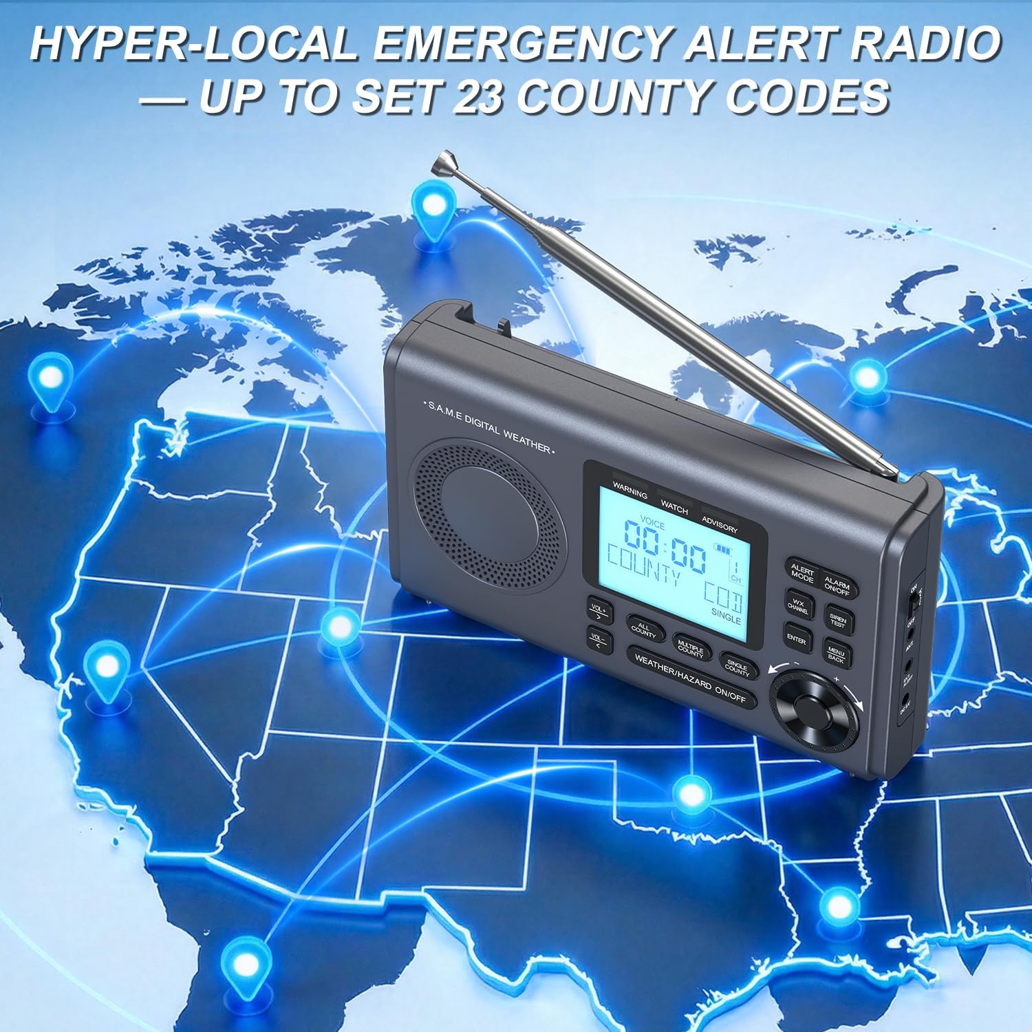 RunningSnail NOAA Weather Alert Radio - S.A.M.E Localized Programming, 23 County Codes & 80+ Emergency Alerts, Battery Backup, Alarm, Selectable Alert Tone, External Antenna, External Warning Light - Image 2
