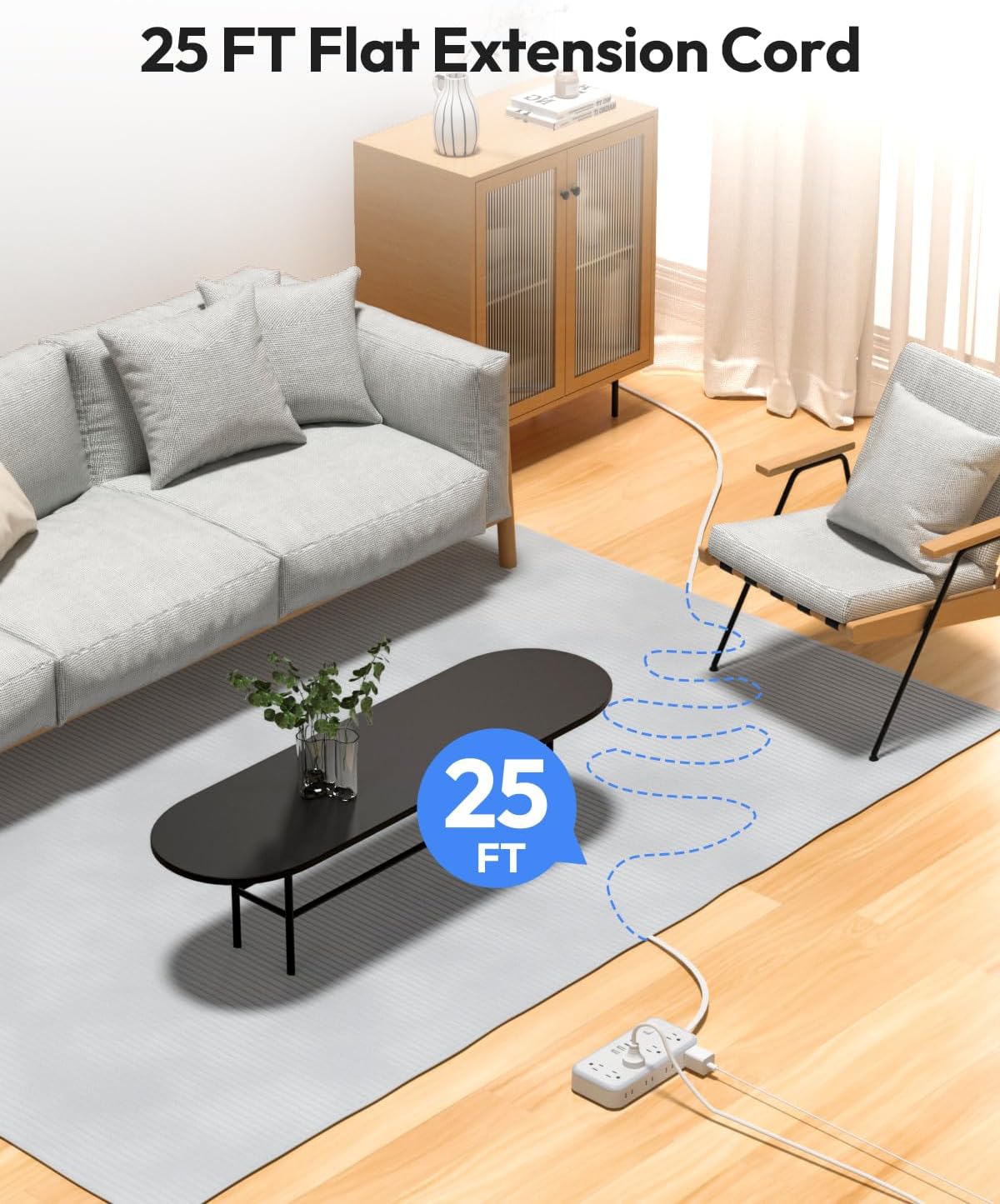 Flat Extension Cord 25 FT, NTONPOWER Long Power Strip, 10 Outlets 4 USB Ports (2 USB C), 3 Side 3 Prong & 2 Prong, Overload Protection, Flat Plug Wall Mount, White, SurgePro - Image 2
