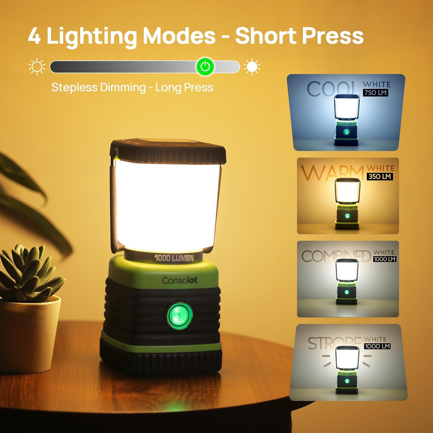 Consciot LED Battery Powered Camping Lantern, 1000LM, 4 Light Modes, IPX4 Waterproof Portable Tent Flashlight for Power Outages, Emergency, Hurricane, Hiking, Light Green, 2-Pack - Image 3