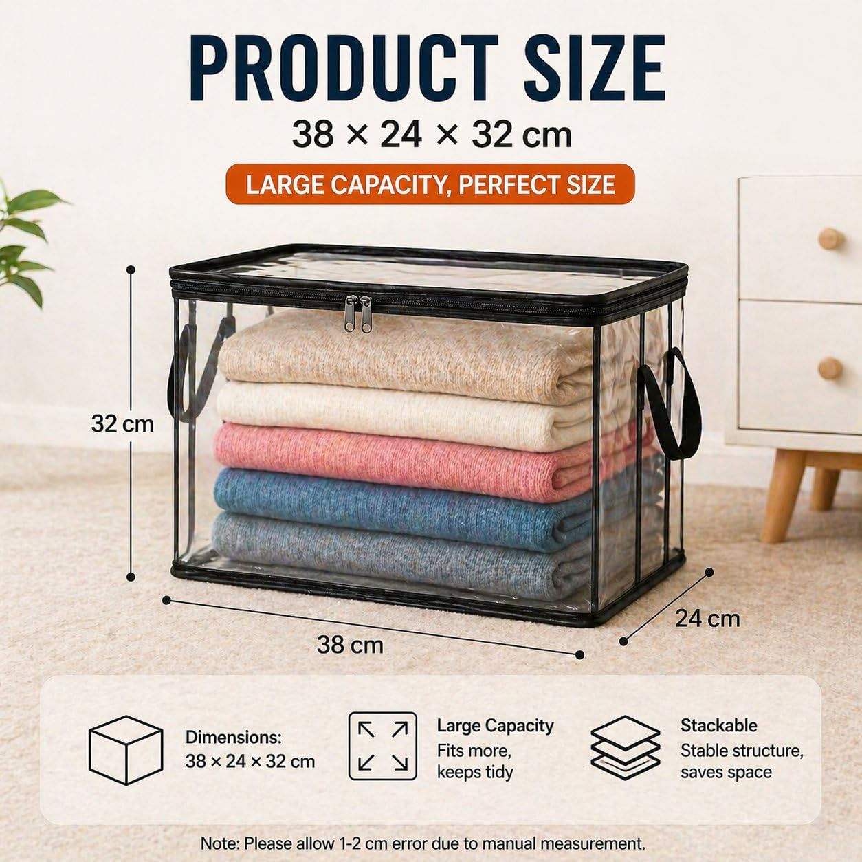 Large Heavy-Duty Thick Plastic Clear Storage Bag for Clothes, Moving & Storages, 2026 New Stackable Foldable Bins Totes Bags with Reinforced Handles & Zipper (2pc-black-L(15 × 9.5 × 12.6in)) - Image 9