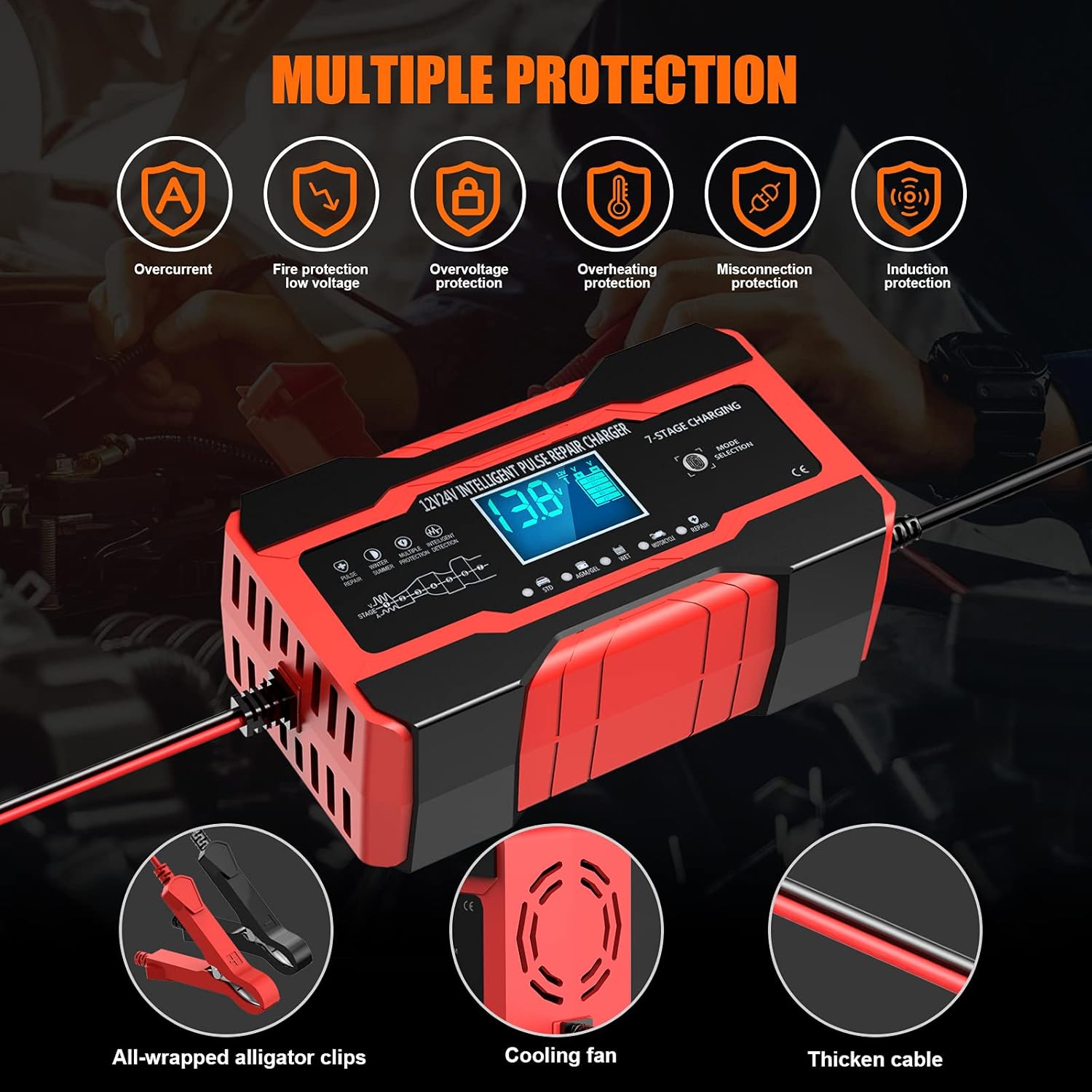 YONHAN Battery Charger 10-Amp 12V and 24V Fully-Automatic Smart Car Battery Charger, Battery Maintainer Trickle Charger, and Battery Desulfator with Temperature Compensation - Image 7