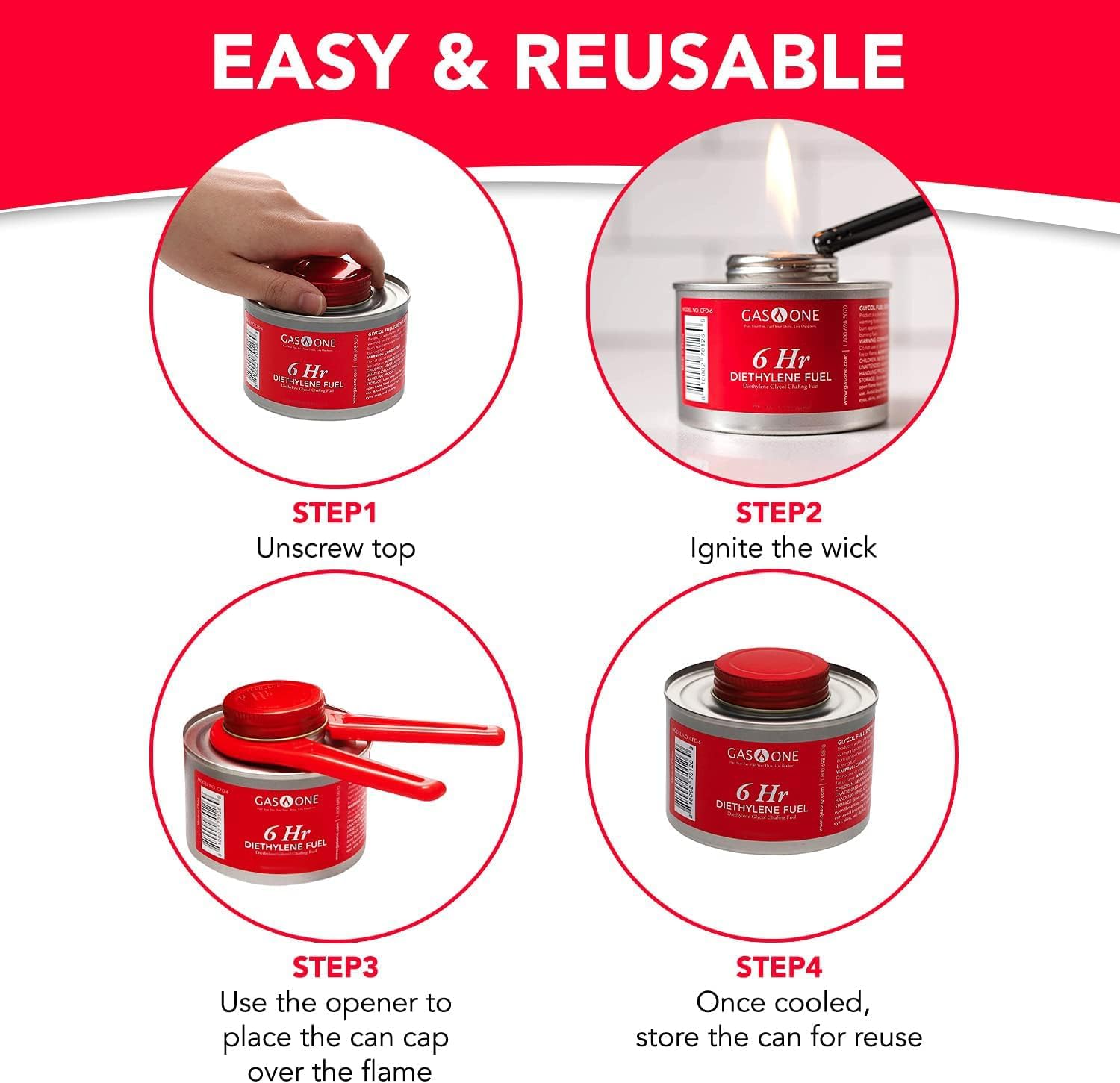 Gas One 12 Pack 6 Hour Chafing Fuel - Food Warmer for Chafing Dish Buffet Set - Reusable Liquid Safe Fuel With Wick & Lid Opener - Image 3