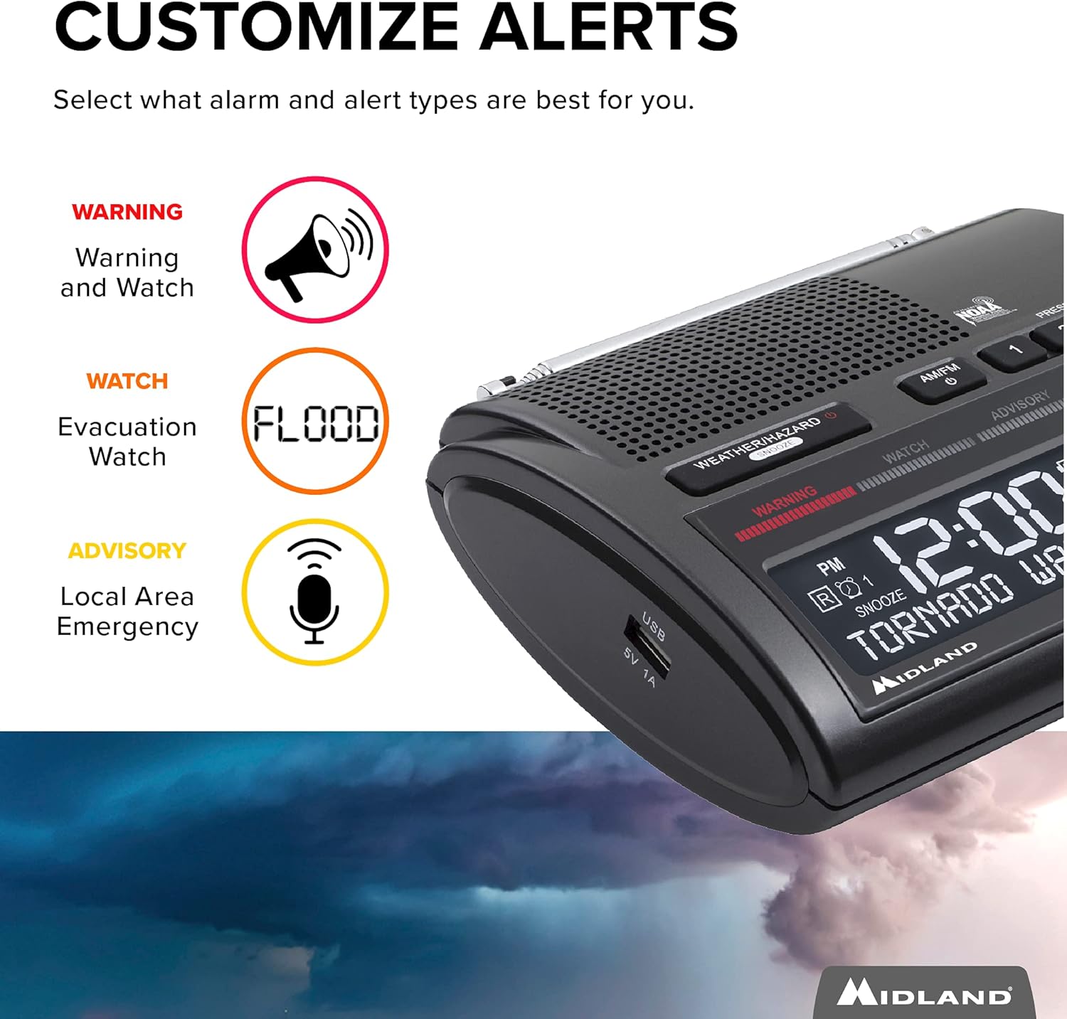 Midland Deluxe Home and Travel Emergency Radio - NOAA Weather Alert Scanner, Flashlight, Alarm Clock and AM/FM - Image 8