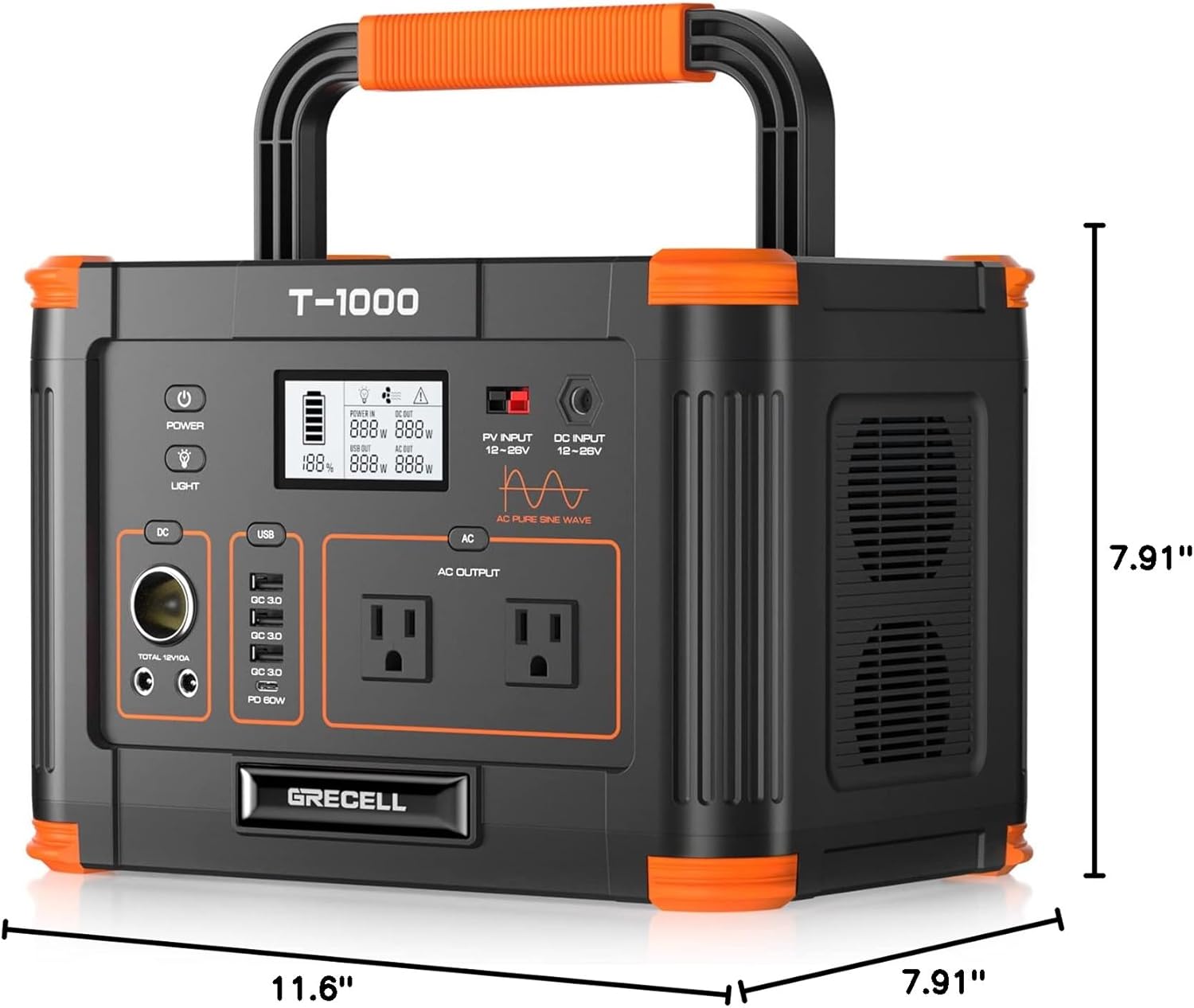 GRECELL 999Wh Solar Generator 1000W, Portable Power Station with 60W USB-C PD Output, 120V Pure Sine Wave AC Outlet Backup Lithium Battery for Outdoors Camping Travel Hunting Home (Peak 2000W) - Image 10