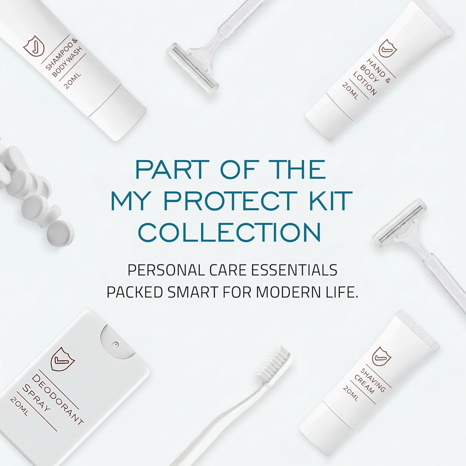 MY PROTECT KIT Travel Kit - 20 Pieces Travel Size Toiletries Set, Toothbrush, Shaver, Toothpaste Tablet, Shampoo & Body Wash, Shaving Cream, Lotion, Deodorant Spray, Pack of 1 - Image 9
