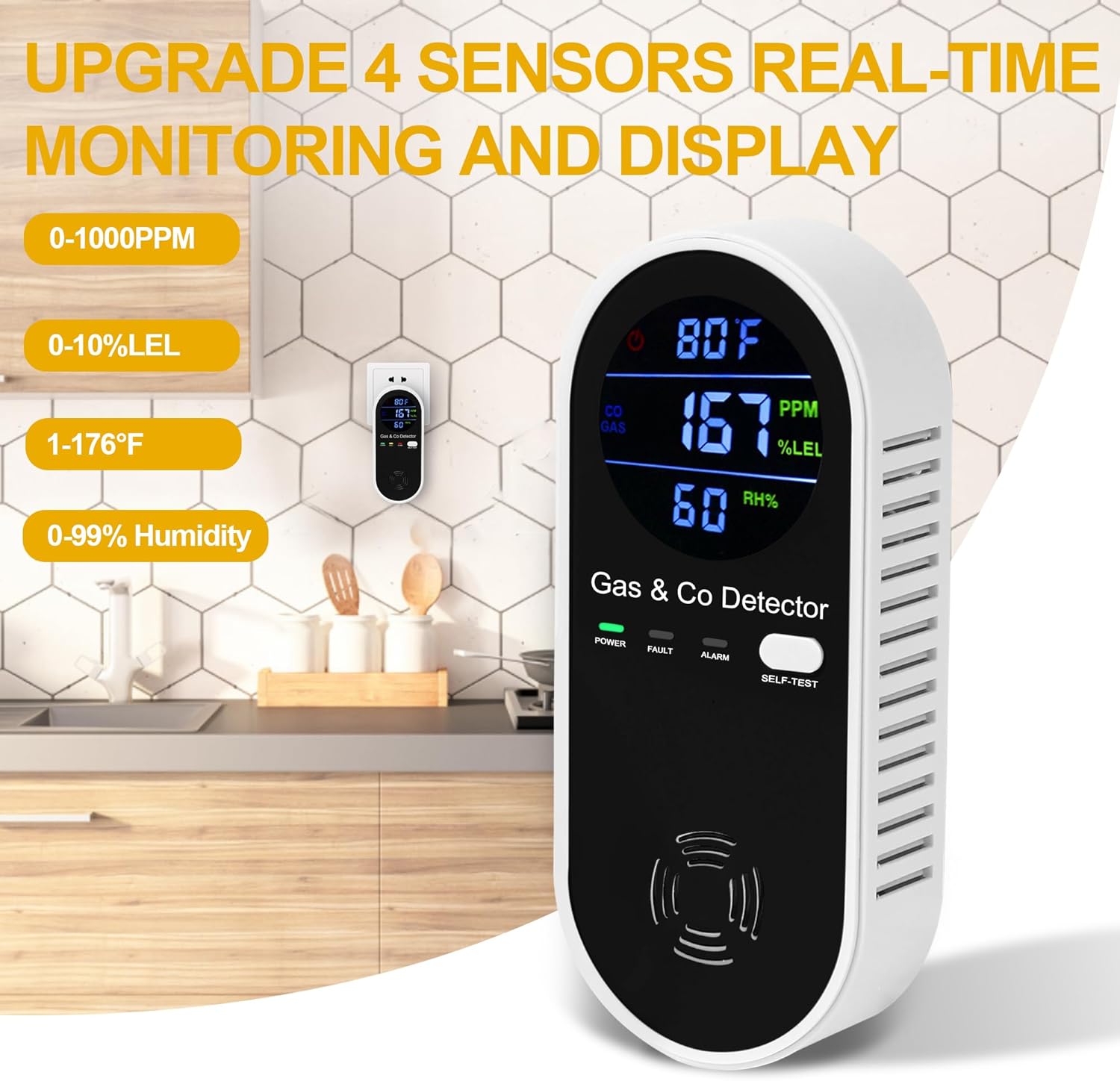 Combination-Explosive-Gas-Carbon-Monoxide-Detectors,4-in-1 Upgraded High-Sensitivity Sensor,Real-time Monitoring &Digital Display,Natural Gas Leak,Propane & CO Alarm Plug in for Home,RV,Apartment - Image 3
