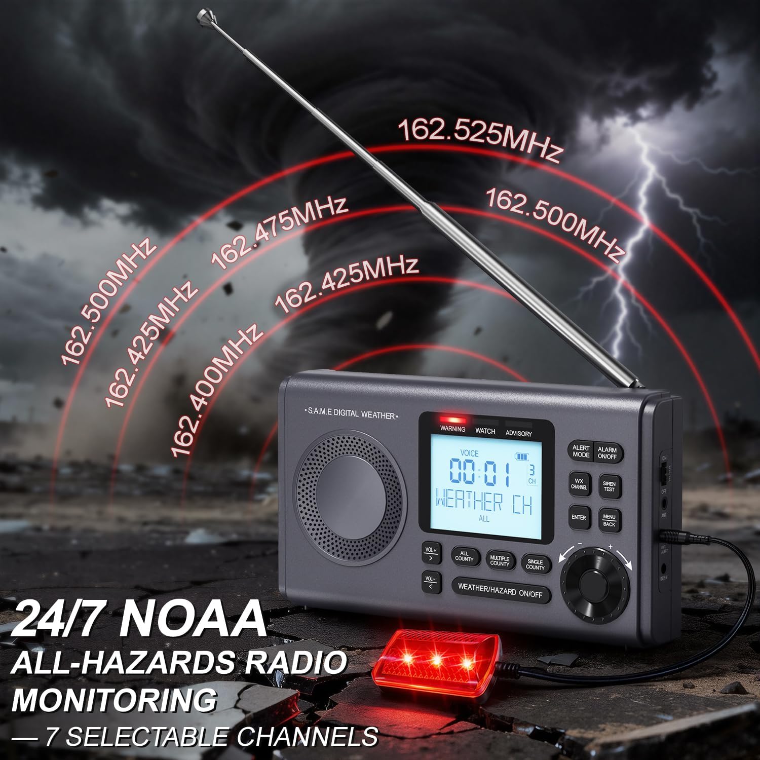 RunningSnail NOAA Weather Alert Radio - S.A.M.E Localized Programming, 23 County Codes & 80+ Emergency Alerts, Battery Backup, Alarm, Selectable Alert Tone, External Antenna, External Warning Light - Image 3