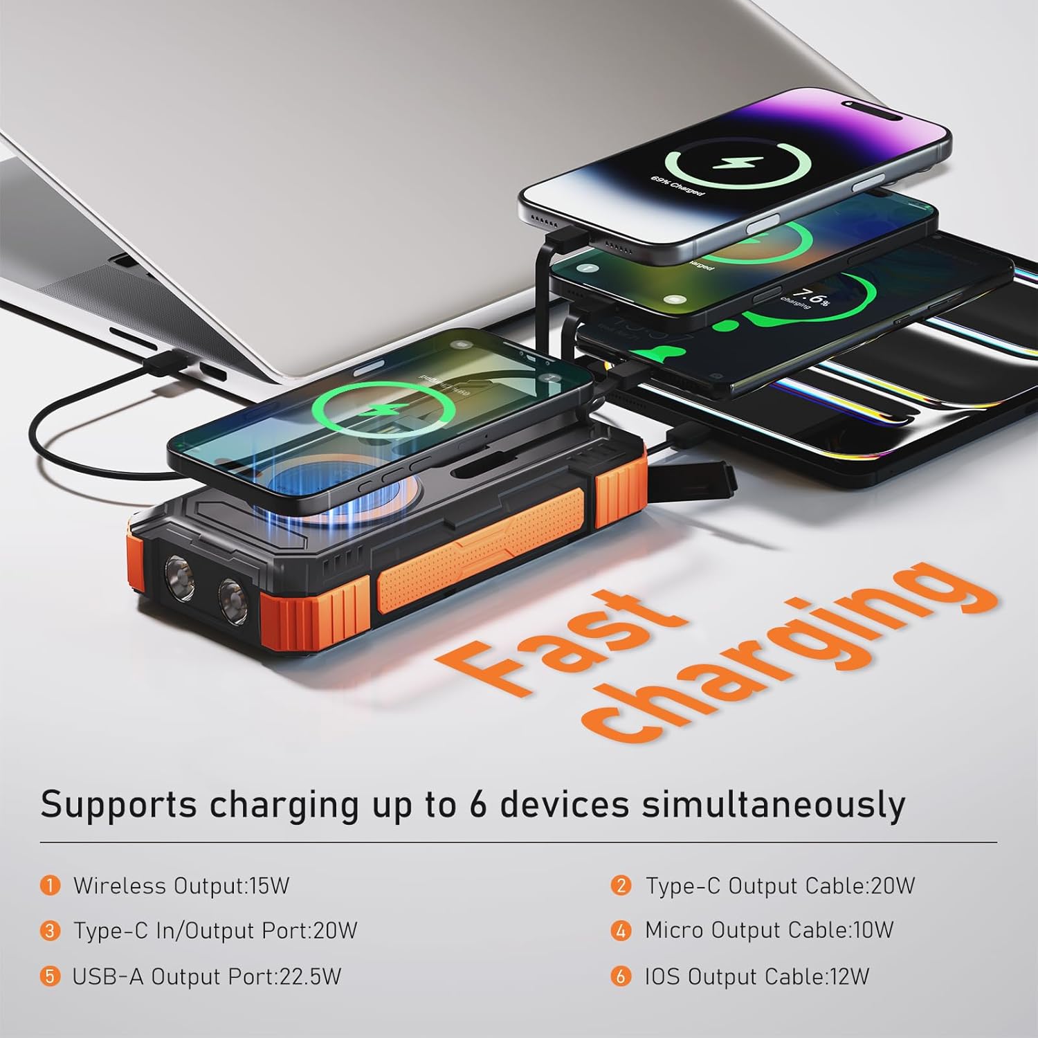 ERRBBIC Solar Charger Power Bank 49800mAh, 22.5W Portable Charger, 15W Wireless Charging, Solar Panel Charger, Built-in Four Cable, with USB C for Cell Phones, with Dual Flashlight for Camping - Image 3