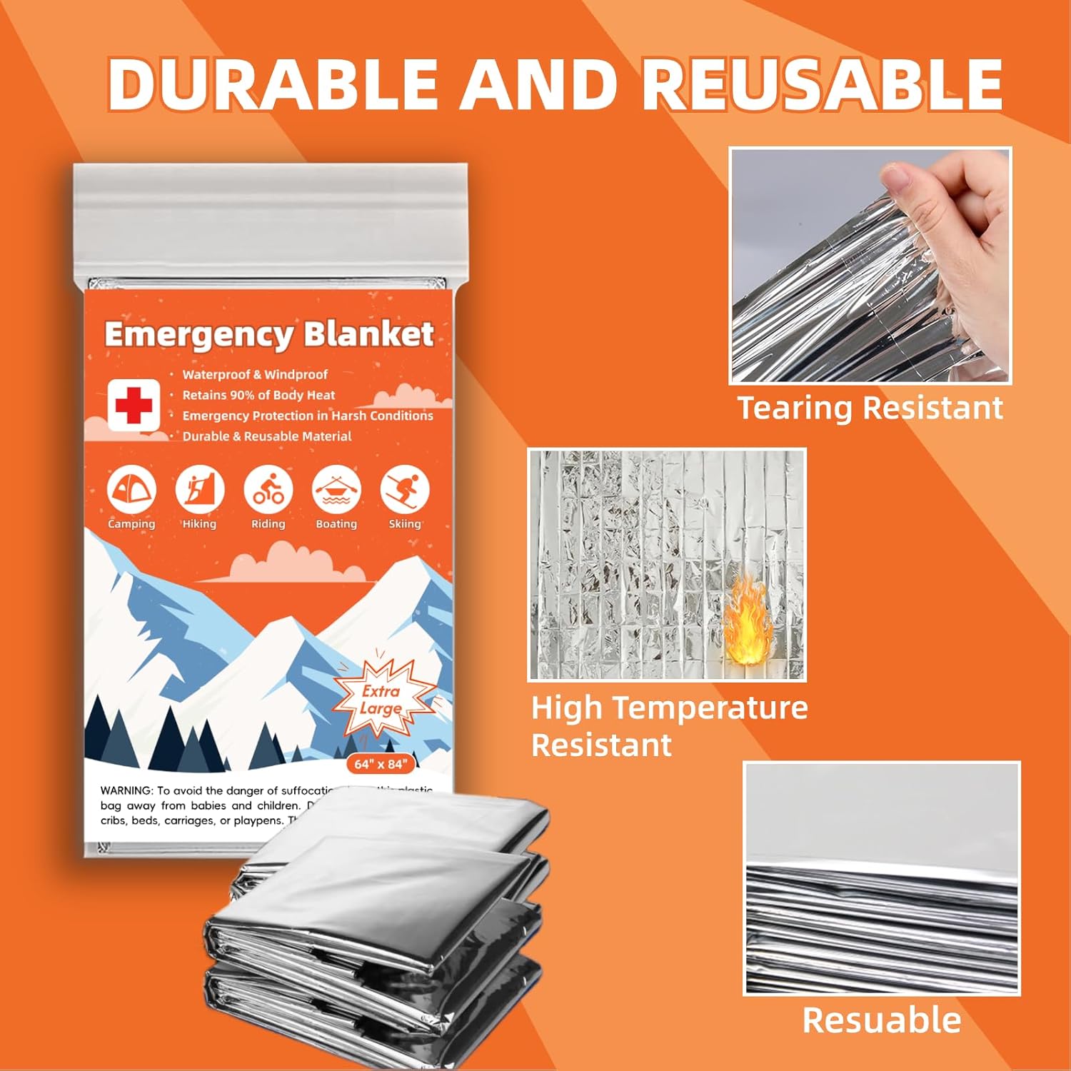 6 Pack Emergency Thermal Blanket Survival, 84” x 64” Extra Large Mylar Blankets for Outdoor, Space Blanket, Silver Foil for Survival, Survival Kit Camping Blankets, Body Warmer, Hiking - Image 6