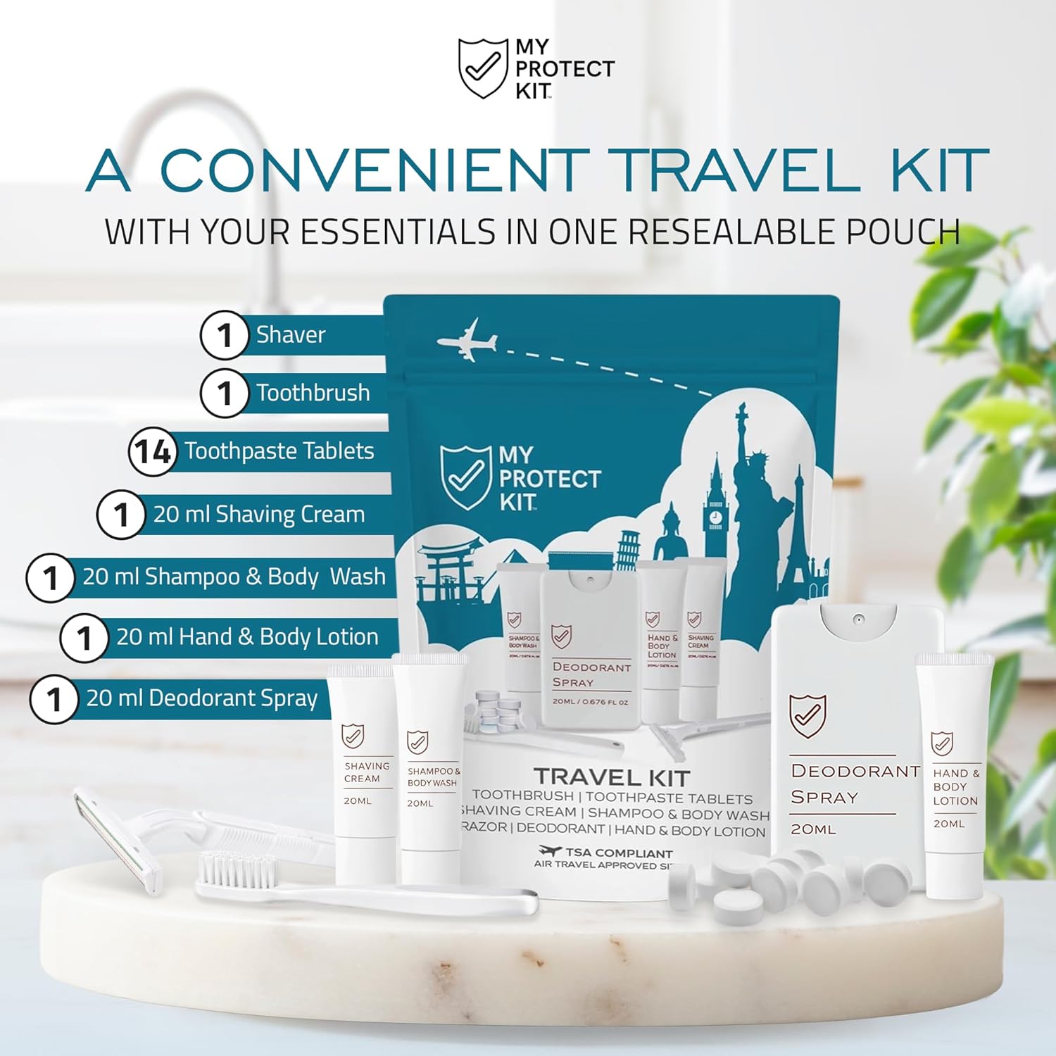 MY PROTECT KIT Travel Kit - 20 Pieces Travel Size Toiletries Set, Toothbrush, Shaver, Toothpaste Tablet, Shampoo & Body Wash, Shaving Cream, Lotion, Deodorant Spray, Pack of 1 - Image 2