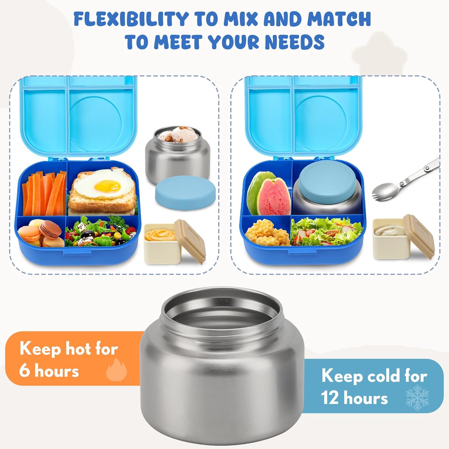 BOSEDSANG Bento Lunch Box for Kids with 12oz Soup Thermo,4 Compartments Lunch Box Containers Kids, Spoon&Sauce Jar, BPA Free&Leak proof,Insulated Food Jar for Travel((Blue) - Image 3