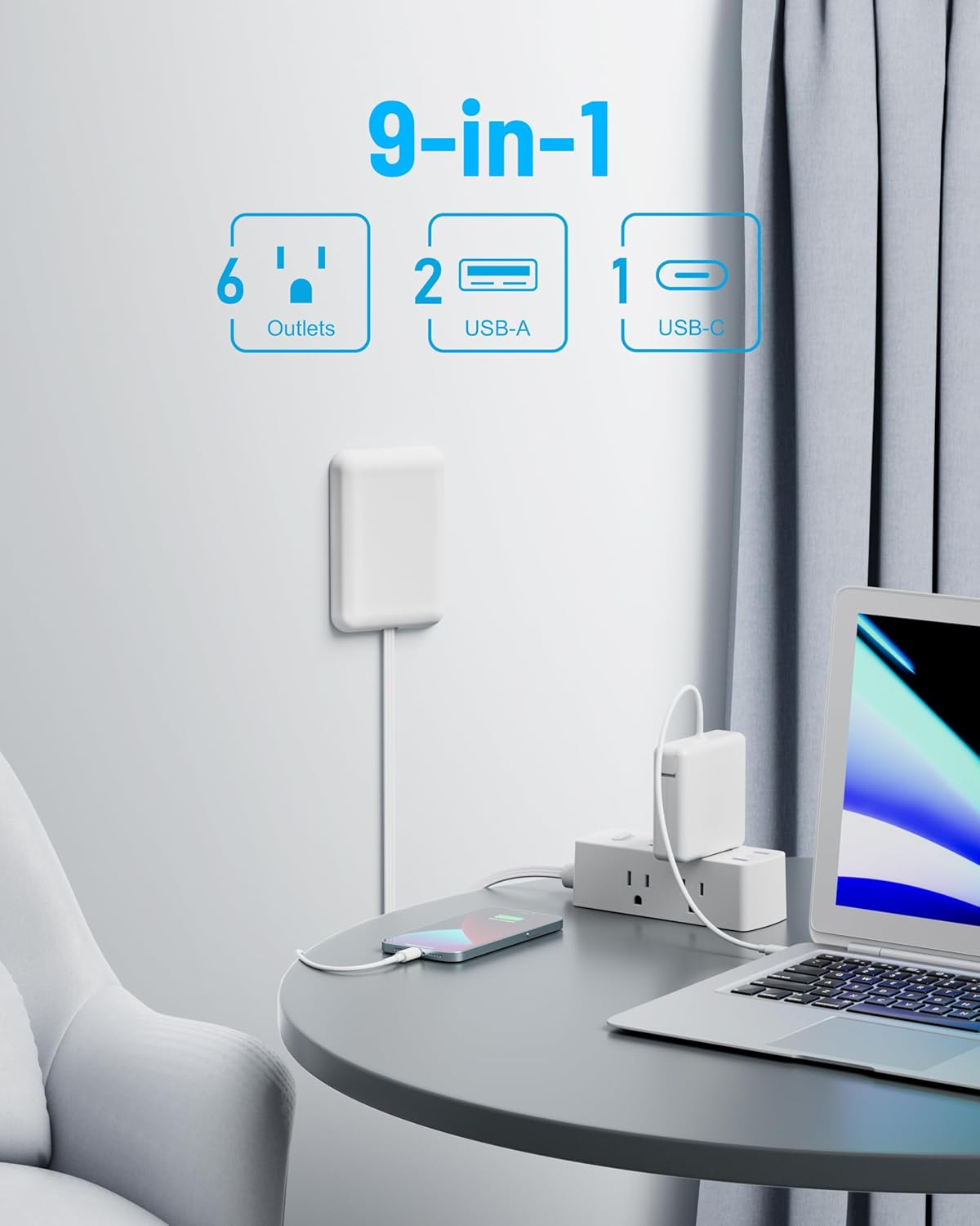 Olcorife Flat Extension Cord with Outlet Cover, Flat Plug Power Strip with 6 Outlets and 3 USB Ports, 5 FT Cord Hidden Outlet Extender for Tight Spaces - Image 2