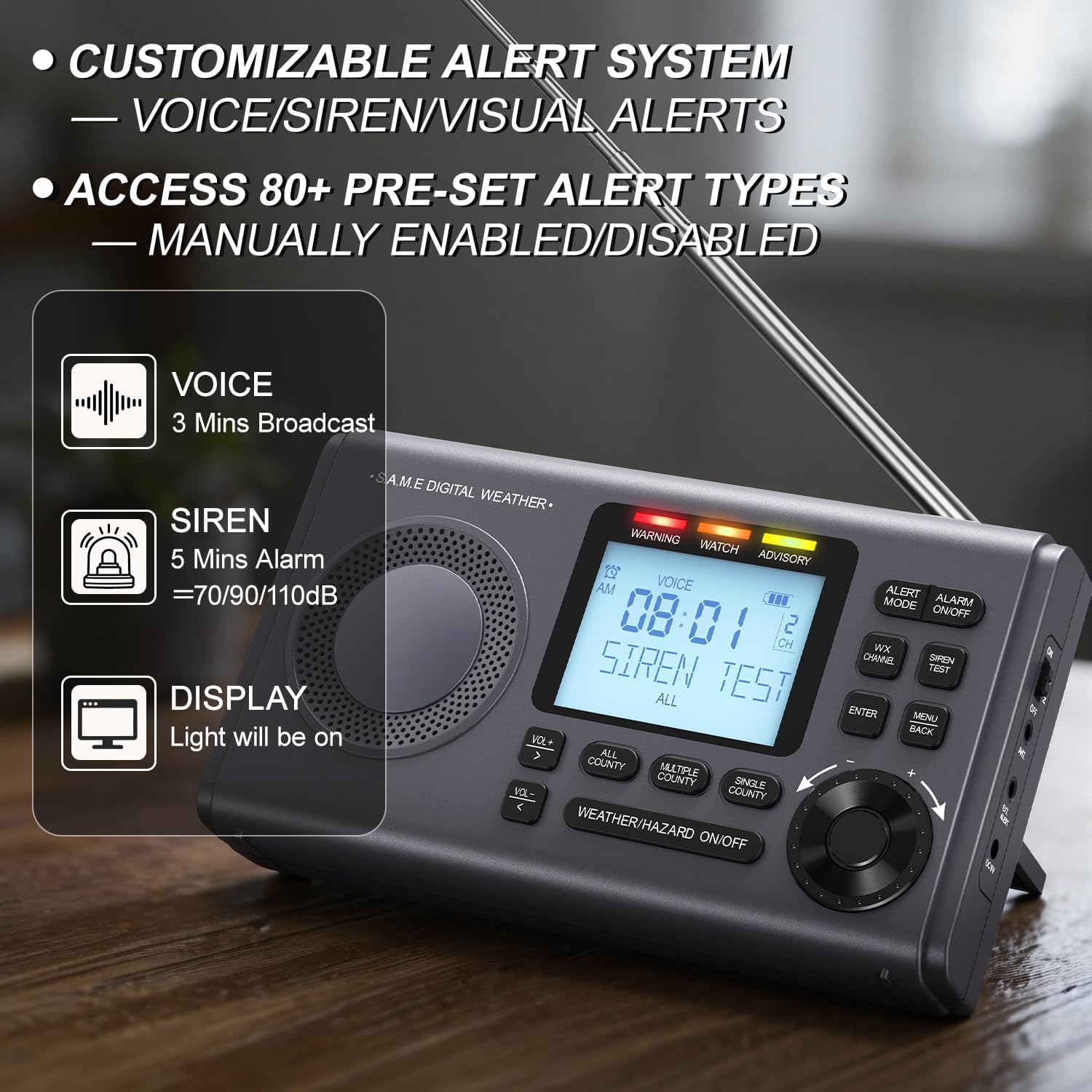 RunningSnail NOAA Weather Alert Radio - S.A.M.E Localized Programming, 23 County Codes & 80+ Emergency Alerts, Battery Backup, Alarm, Selectable Alert Tone, External Antenna, External Warning Light - Image 4