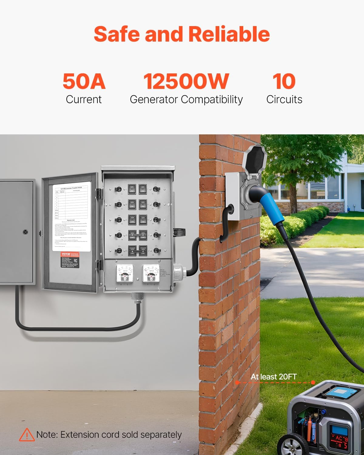 VEVOR Manual Transfer, 50-Amp 10-Circuit, Prewired Generator Transfer Kit with CS6375 Plug Power Inlet Box, Double-Throw, NEMA 3R, Mechanical Watt Meter, for 12500W Generators - Image 2