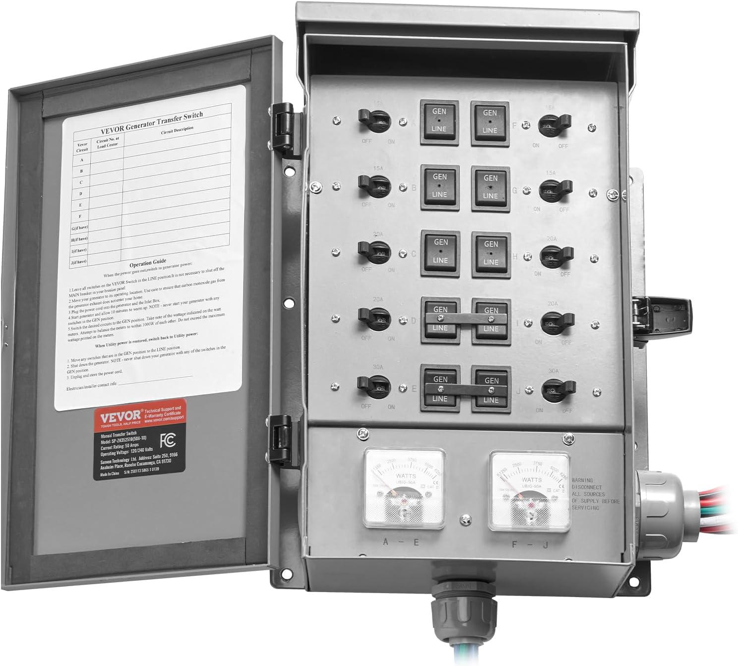VEVOR Manual Transfer, 50-Amp 10-Circuit, Prewired Generator Transfer Kit with CS6375 Plug Power Inlet Box, Double-Throw, NEMA 3R, Mechanical Watt Meter, for 12500W Generators - Image 12