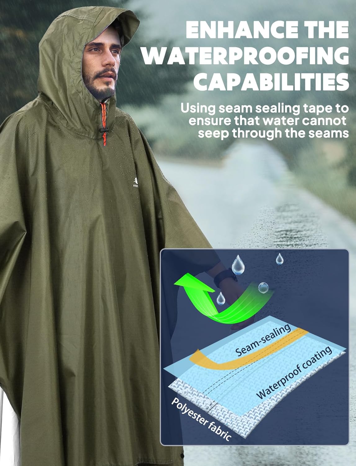 ANYOO Hooded Rain Poncho for Adults Waterproof Lightweight Rain Coat for Men Women Reusable Rain Jacket for Emergency Outdoor - Image 5