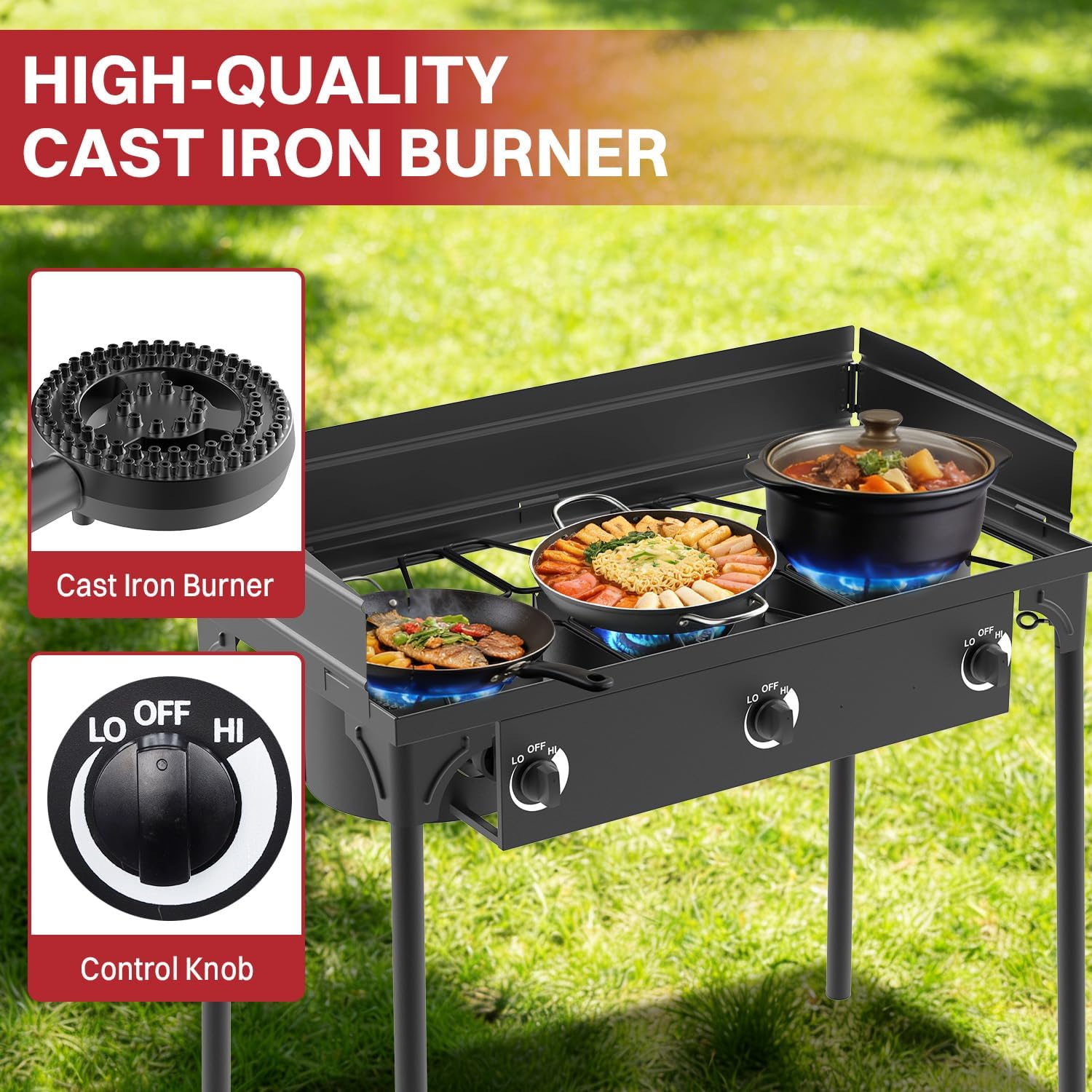 3 Burner Propane Camp Stove | High Pressure 225,000 BTU Gas Burners with Windscreen | Cover | Detachable Legs | 0-20 PSI Regulator | Ideal for Camping Backyard Outdoor Cooking - Image 4
