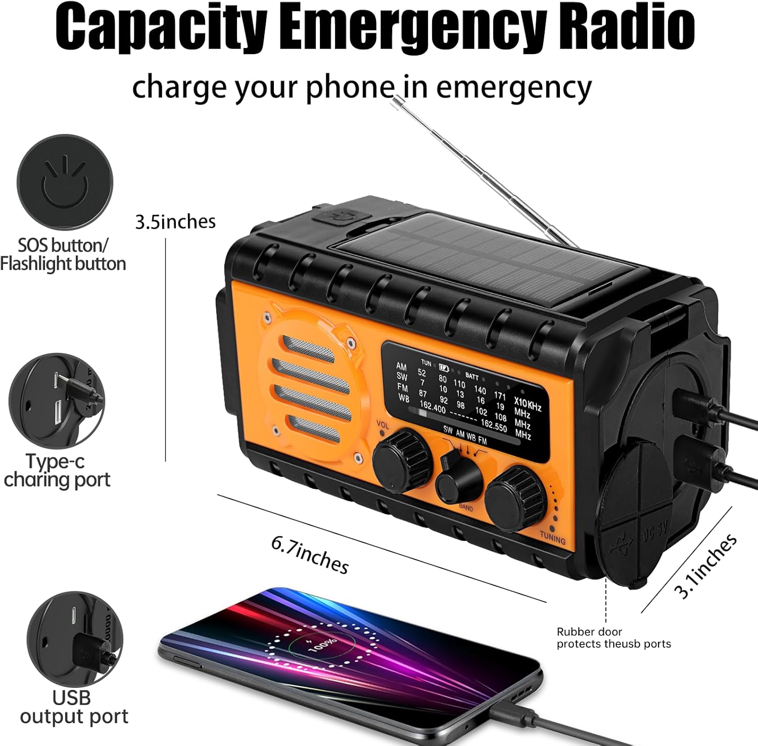 QAUYYW 74000mWh Emergency Radio with NOAA Weather, Portable Hand Crank SW/AM/FM Survival Radio with Fast Charge Rechargeable Solar Battery, Flashlight, Reading Lamp,SOS Sirenor Home Outdoor - Image 5