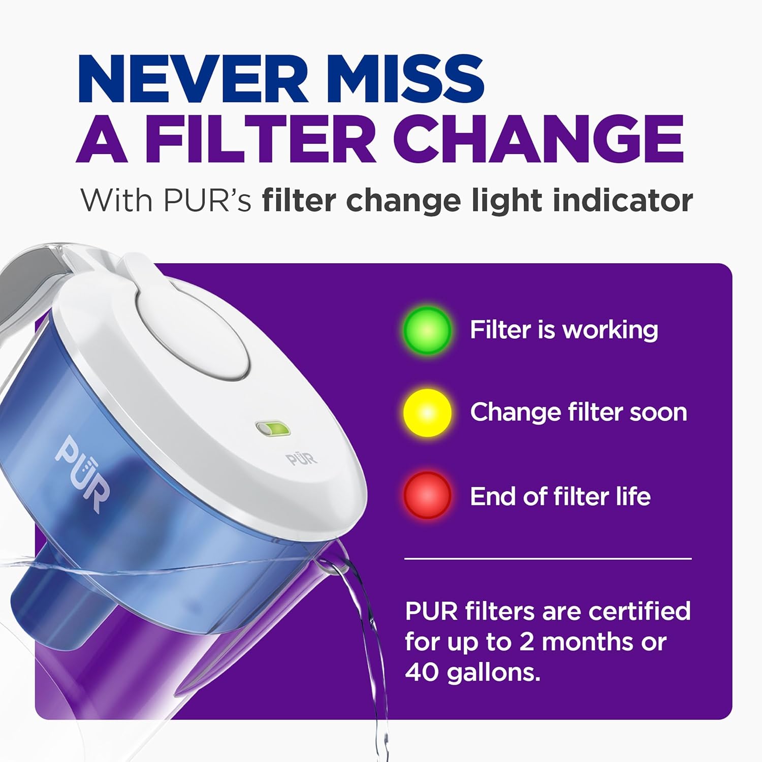 PUR 11-Cup Water Pitcher, 1 Filter, Cleaner, Great-Tasting Water, Dishwasher Safe, Powerful Filtration, Filter Change Light Indicator, LockFit Cap Design, White - Image 8