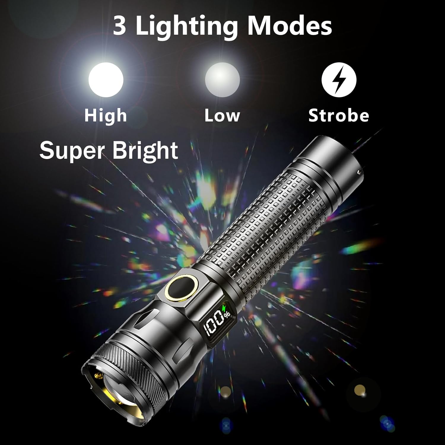 Gotellx Rechargeable LED Flashlights with Digital Power Display, Zoomable High Lumens Bright EDC Flashlight with USB C Charging Port for Home and Outdoor Emergency, Camping Essentials, Survival Gear - Image 3