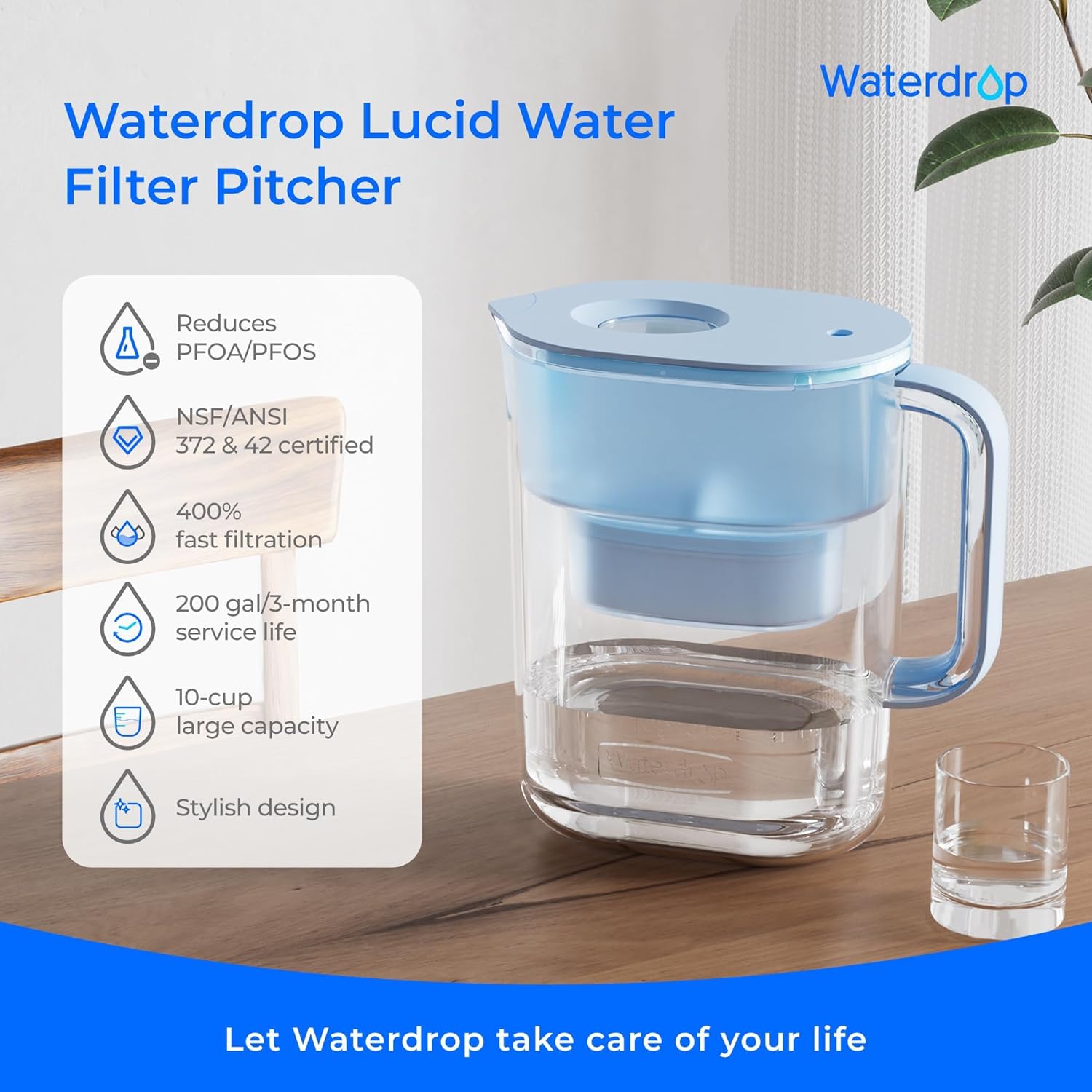 Waterdrop PT-07B Water Filter Pitcher, 10-Cup, NSF Certified, 200-Gallon Long-Life Filter, Improves Coffee & Tea Taste, Reduces PFOA/PFOS and Chlorine, 5X Longer Filter Life, Blue - Image 2