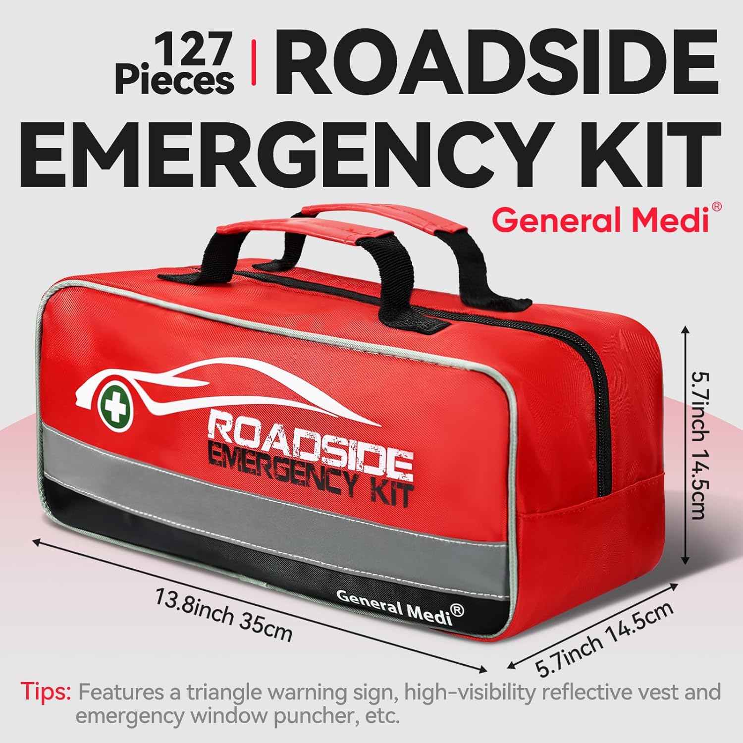 General Medi 127-Pieces Roadside Car Emergency Kit Include Mini First Aid Kit, Jumper Cables,Tow Rope, Bandage, Safety Vest, Emergency Triangle, All in One Pack - Image 3