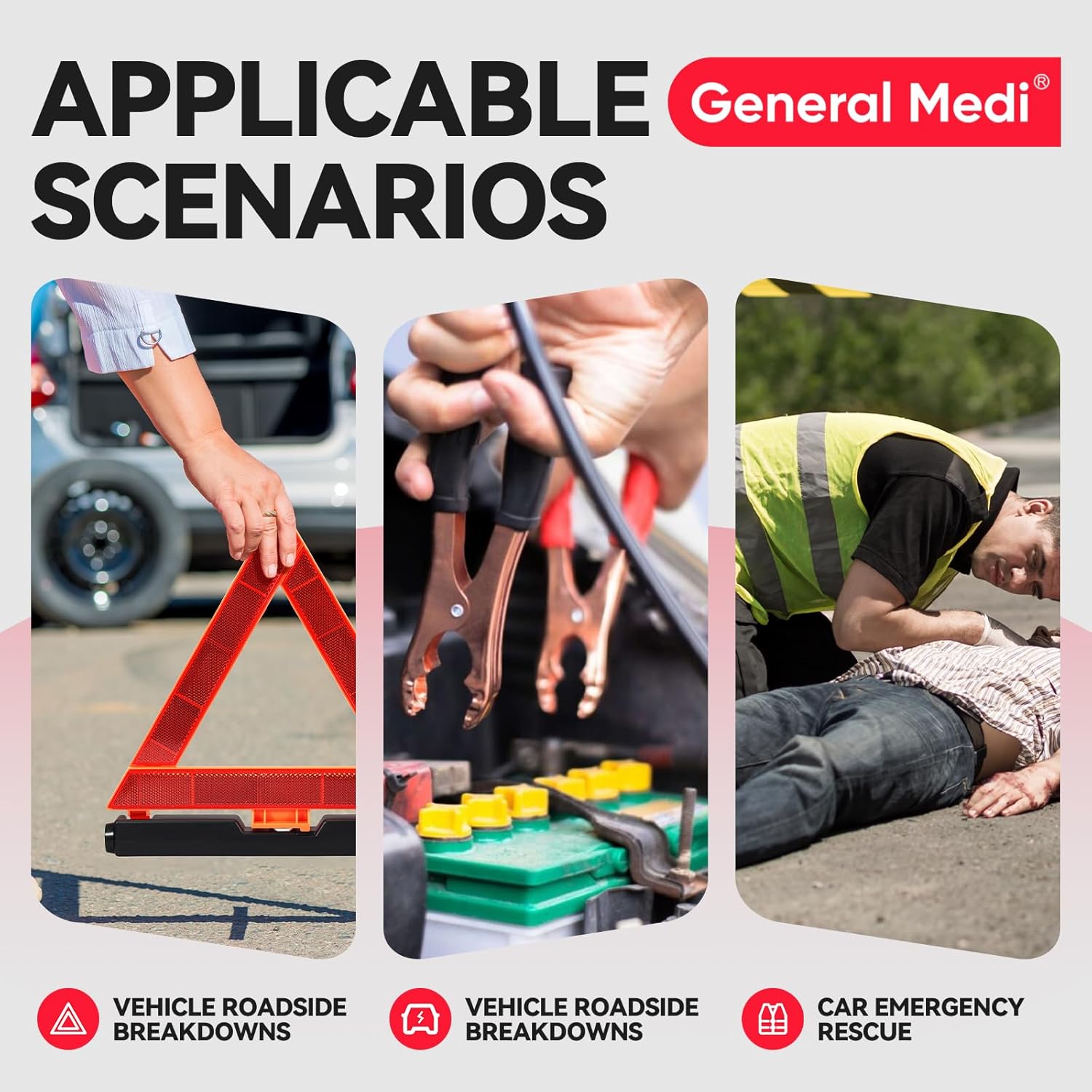 General Medi 127-Pieces Roadside Car Emergency Kit Include Mini First Aid Kit, Jumper Cables,Tow Rope, Bandage, Safety Vest, Emergency Triangle, All in One Pack - Image 7