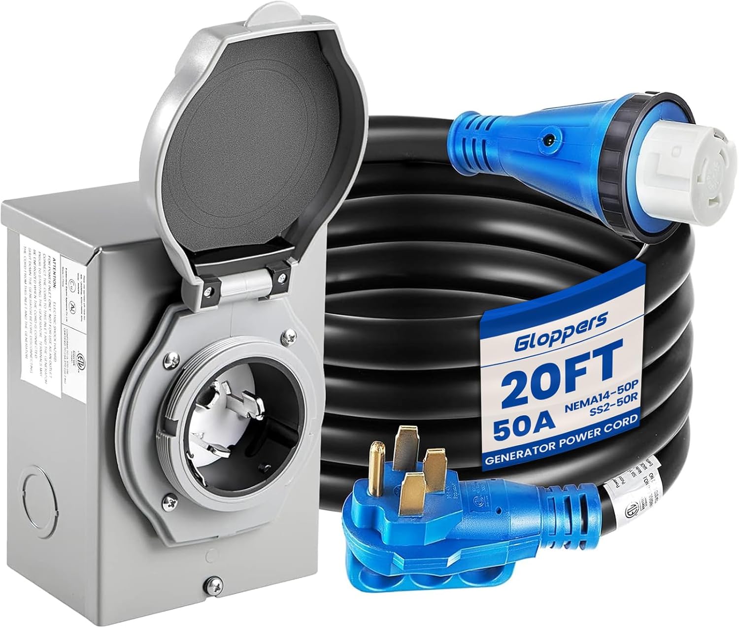 50 Amp Generator Cord and Power Inlet Box Pre-Drilled, 20FT Generator Extension Cords 50 Amp,125V/250V Generator Power Cord NEMA14-50P/SS2-50R Twist Lock Connector