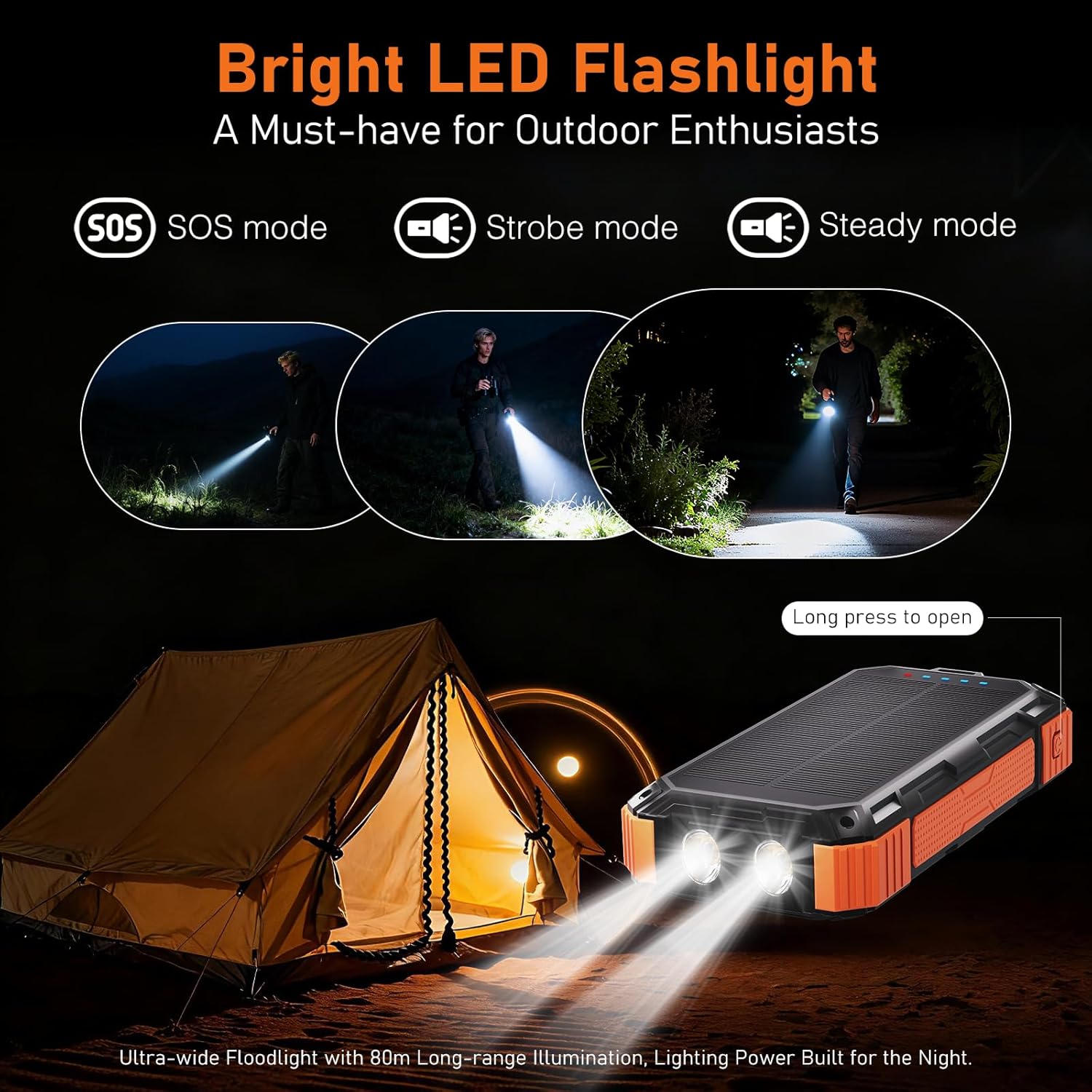 ERRBBIC Solar Charger Power Bank 49800mAh, 22.5W Portable Charger, 15W Wireless Charging, Solar Panel Charger, Built-in Four Cable, with USB C for Cell Phones, with Dual Flashlight for Camping - Image 4