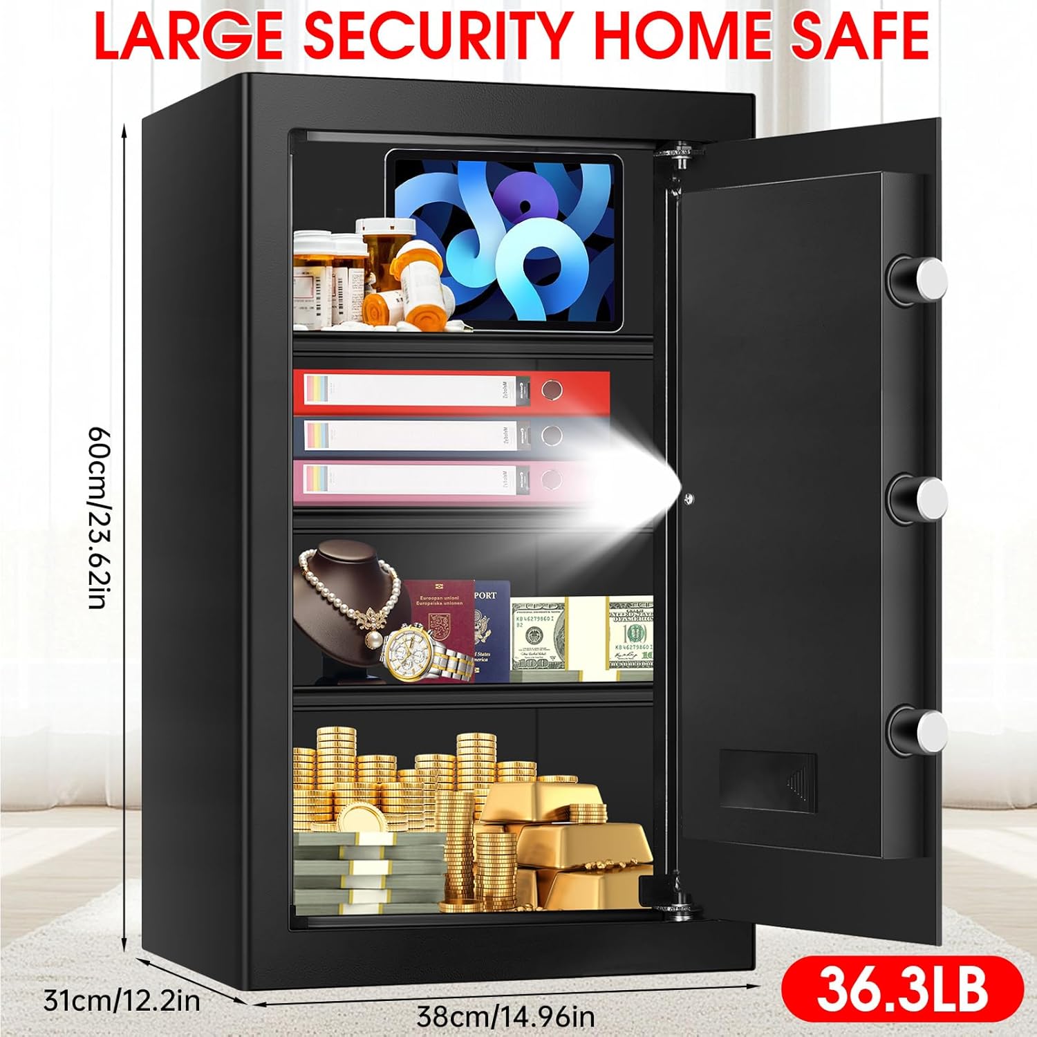 5.1 Cuft Home Safes Water and Fireproof, Large Safety Box Fireproof Waterproof with Electronic Keypad and Spare Key, Fire Proof Safe for Home Documents, Floor Personal Safe for Money Medicine - Image 2