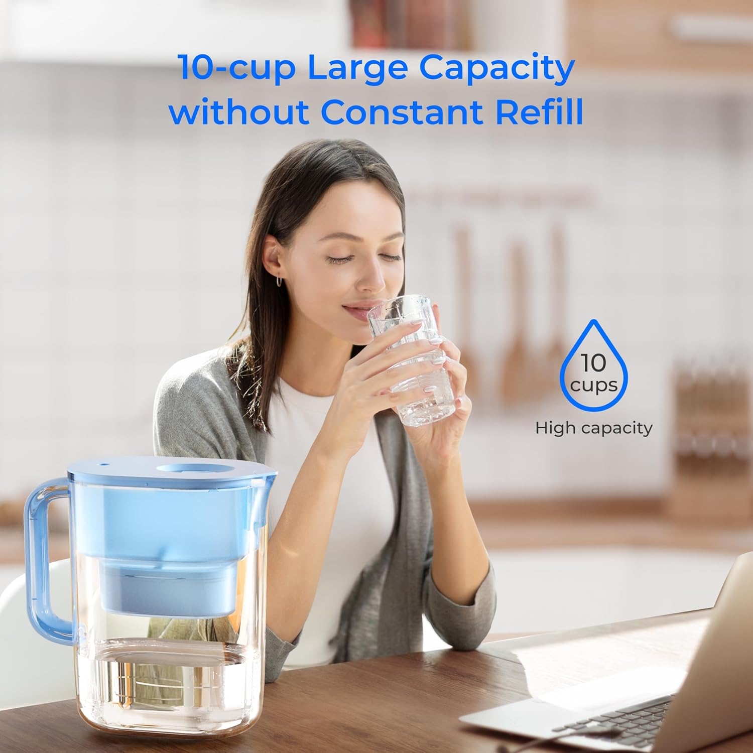 Waterdrop PT-07B Water Filter Pitcher, 10-Cup, NSF Certified, 200-Gallon Long-Life Filter, Improves Coffee & Tea Taste, Reduces PFOA/PFOS and Chlorine, 5X Longer Filter Life, Blue - Image 8