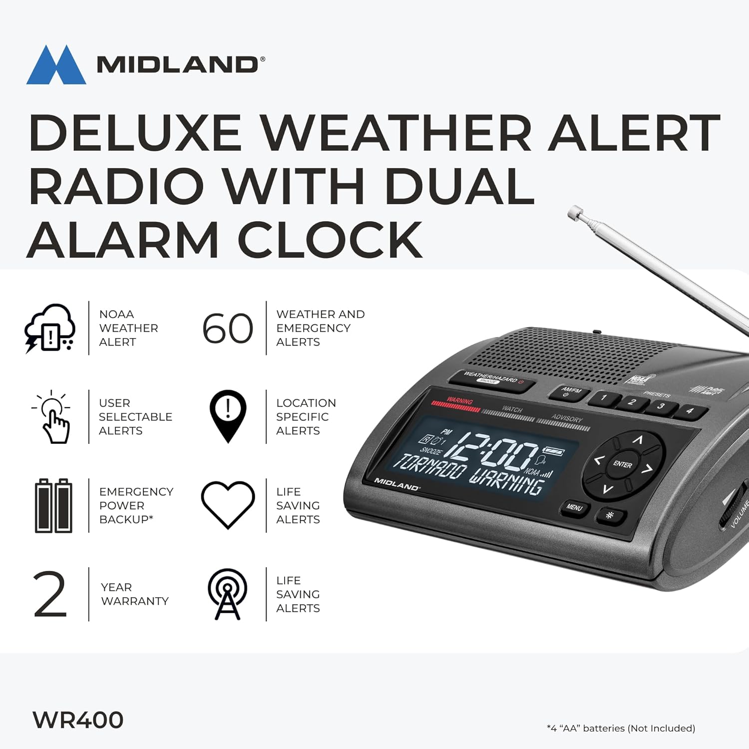 Midland - WR400 Weather Radio Deluxe - NOAA Emergency Alert Scanner – Home Use with Battery Backup - Local County Programming Over 80 Emergency Voice Flashing Alerts – Alarm Clock AM/FM Radio - Image 4