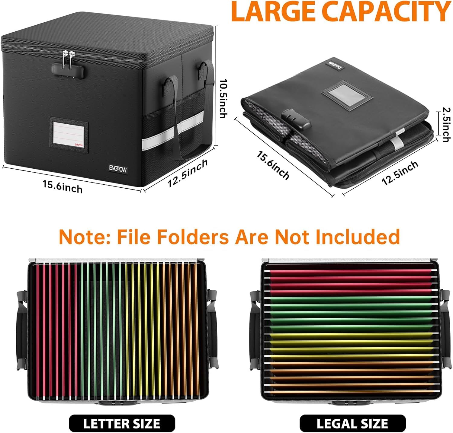 ENGPOW 5200°F Fireproof Document Box with Lock, Heat Insulated Collapsible File Storage Organizer with Handle, Portable Home Office File Cabinet for Hanging Letter/Legal Size Folder, Black - Image 8